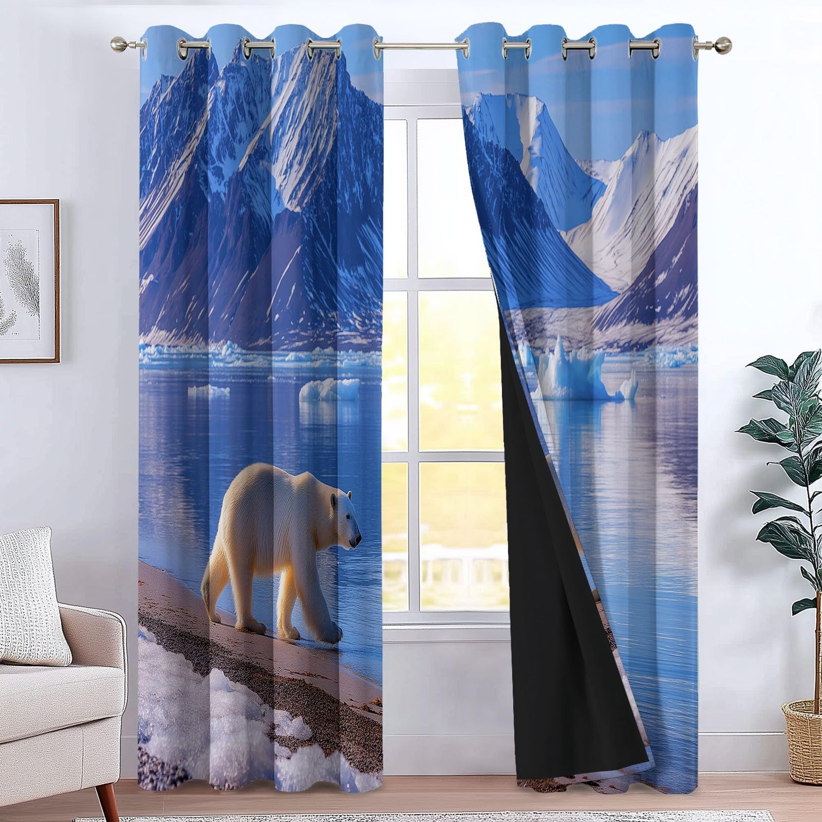 Verdunklungsvorhänge Eisbär EIS Kinderzimmer Vorhänge Blickdicht, Blau Thermovorhang mit Ösen, für Schlafzimmer Fenster & Balkon Schnee Natur Bilder - 110 x 215 cm (2er Set)