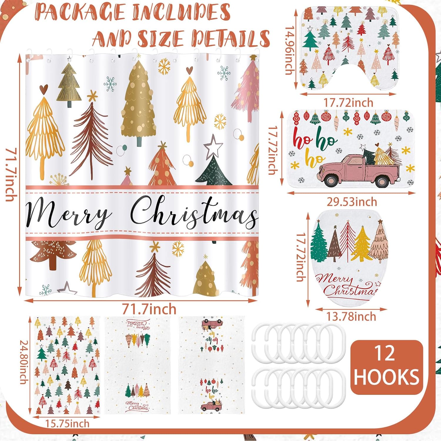 Newwiee 7 Pcs Merry Christmas Shower Curtain Set Christmas Tree Boho Themed Holiday Decor Xmas Tree Bathroom Shower Curtain Mats Towels Toilet Mat Waterproof Bath Accessories, 72x72 Inch