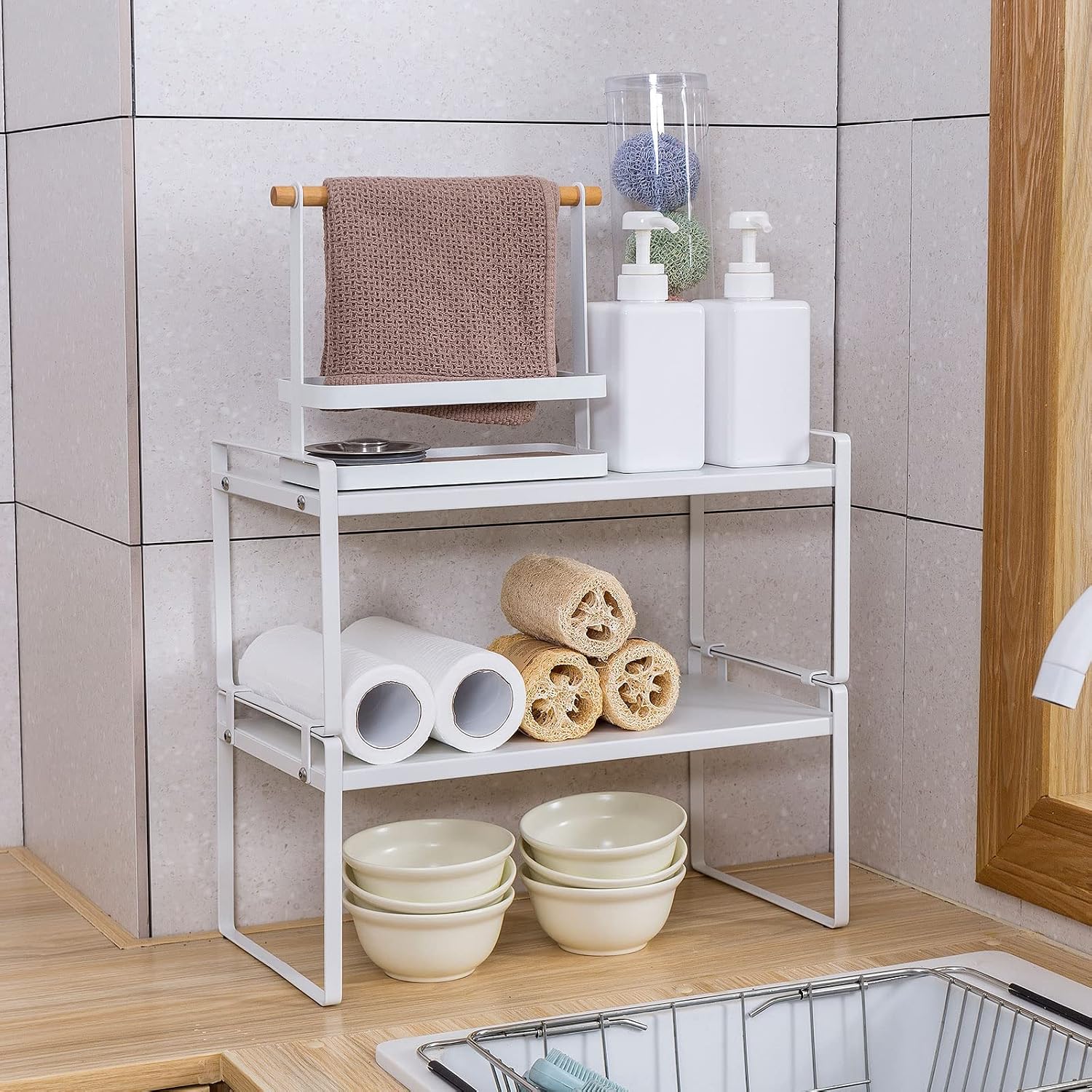 Ettori Shelf Organizer 2 Pack Kitchen Cabinet Organizer Stackable Cupboard Organizers and Storage White Metal Countertop Organizer for Kitchen, Pantry, Bathroom