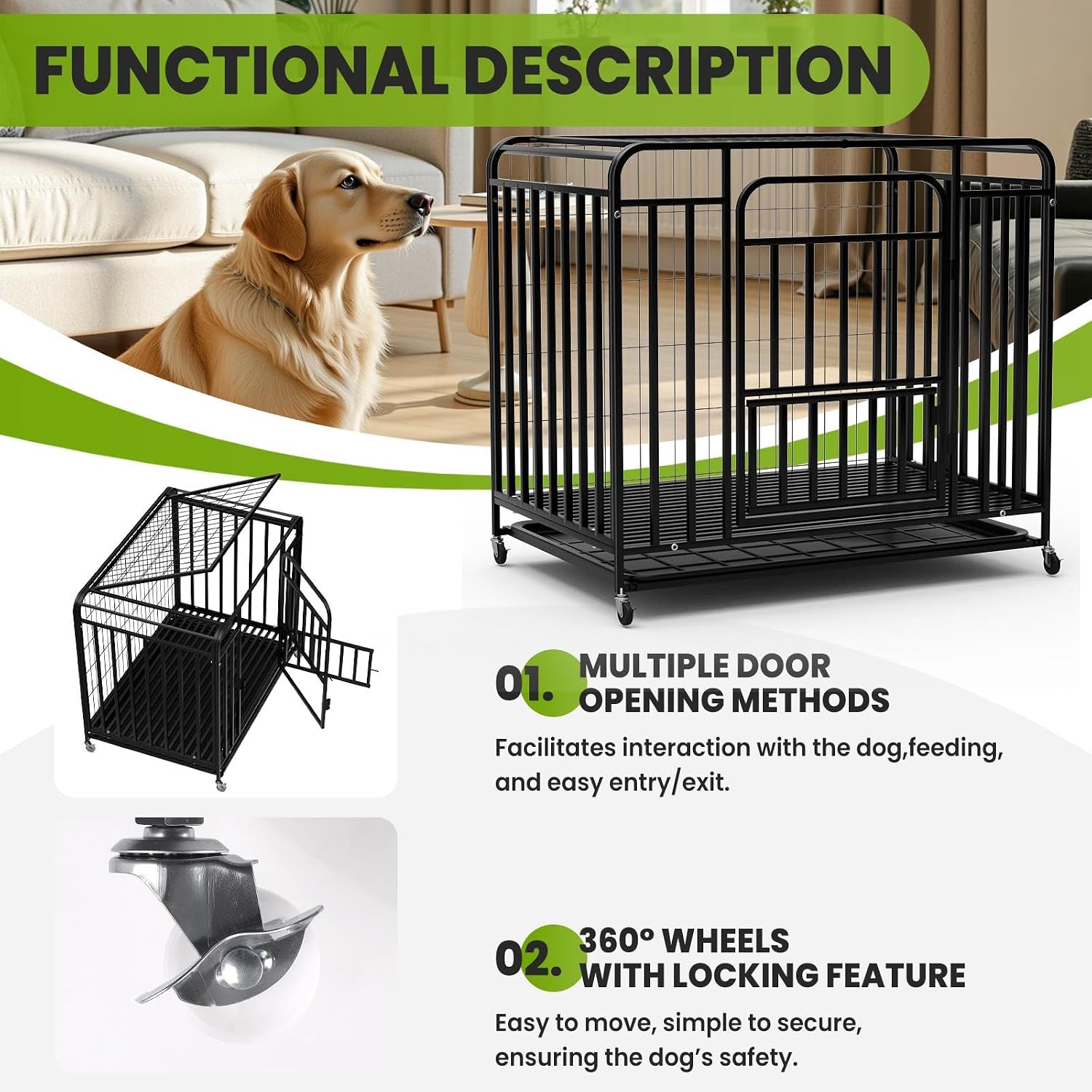 38 Inch Dog Crate, Small/Medium Pet Crates for Dogs, Heavy Duty Alloy Steel Dog Crates, Dog Cage with Double Door, 4 Lockable 360° Wheels