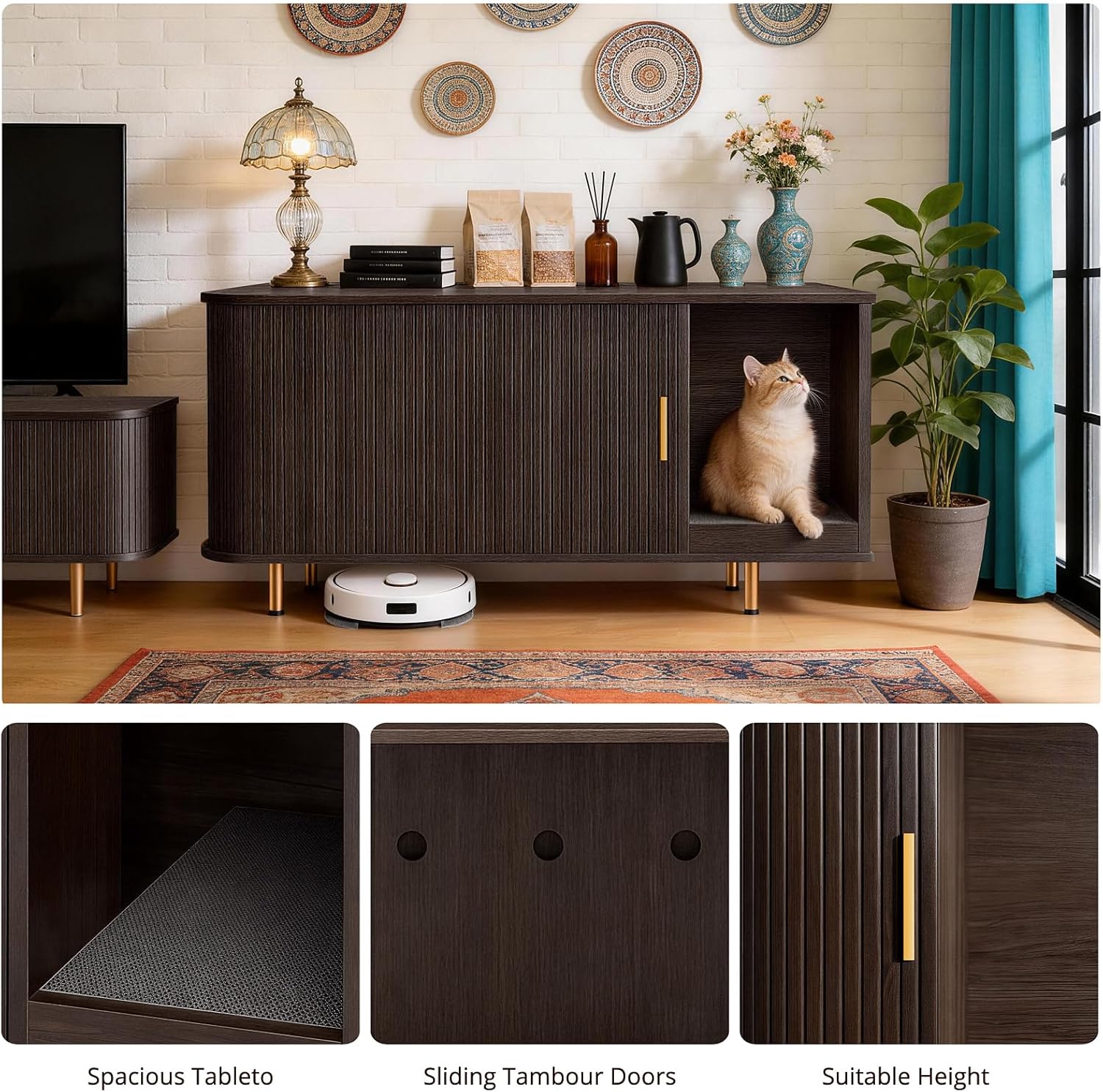DHH Cat Litter Box Enclosure with Scratch Pad, Sliding Door, 38.5" Cat Litter Furniture Hidden Litter Box Cabinet, Modern Indoor Cat House, TV Stand, Side End Table for Living Room(Coffee Brown)