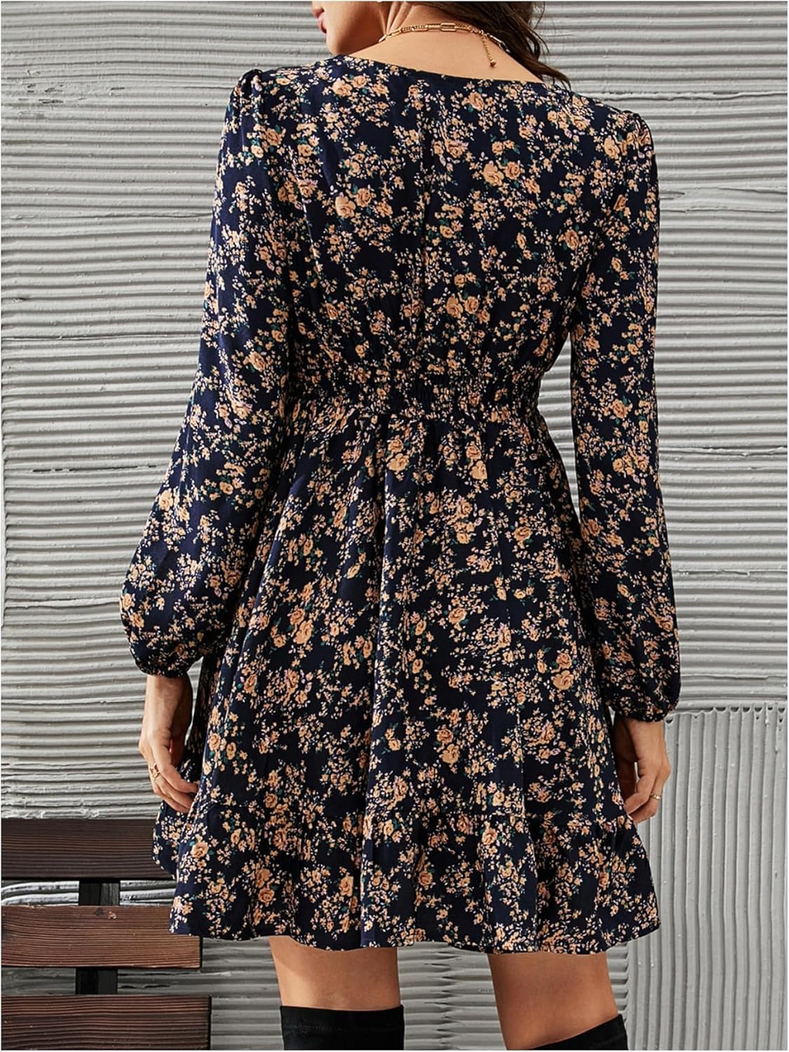 MakeMeChic Women's Floral Mini Dress Lace Deep V Neck Long Sleeve A Line Flare Party Short Dresses - Image 3