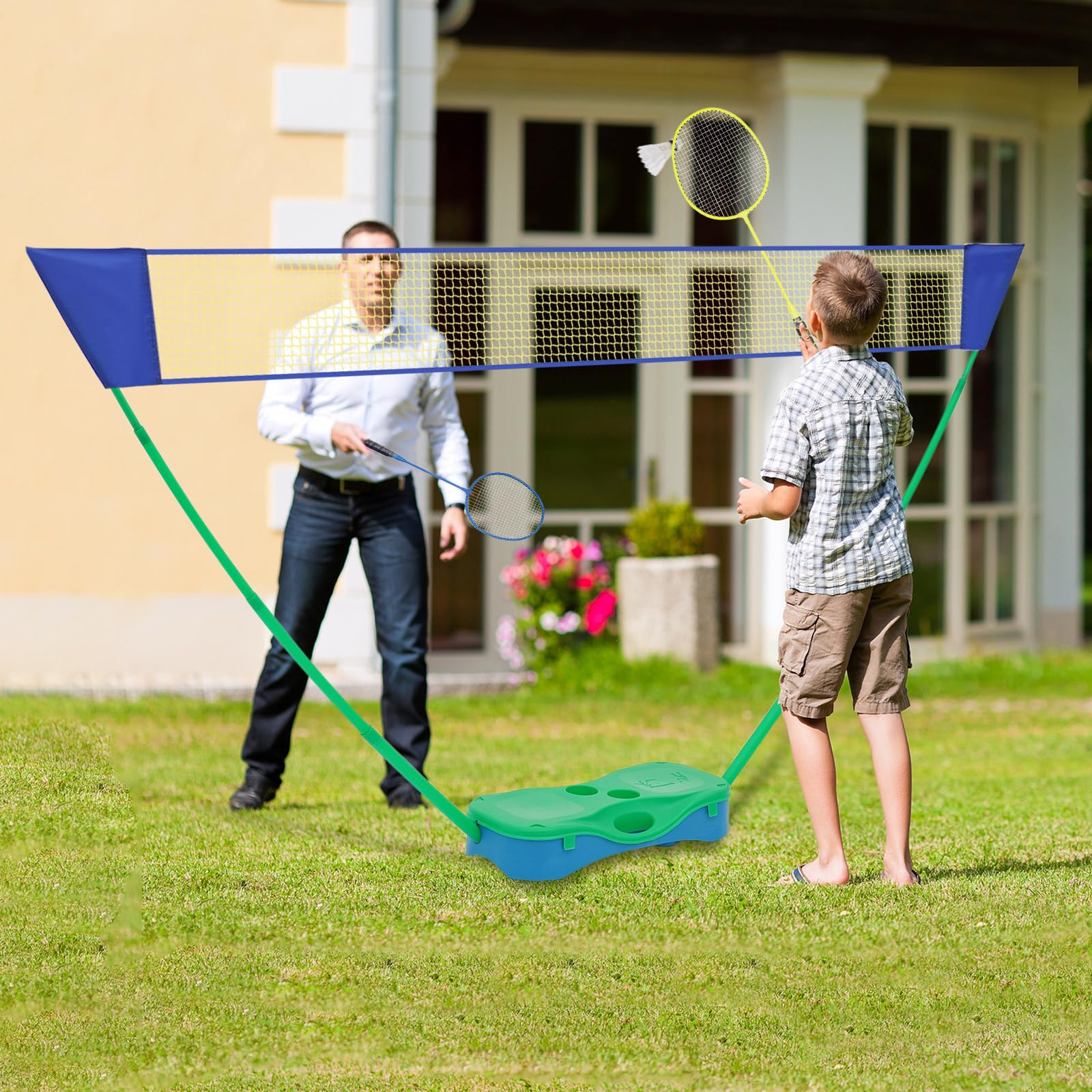 Filet de badminton avec support, support de filet portable, filet de badminton avec 2 raquettes de badminton, 2 volants, filet de volley-ball pour intérieur et extérieur, arrière-cour, plage