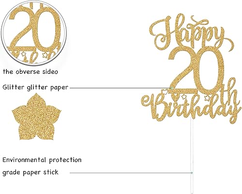 Miniatura 3 de Decoración para tartas de cumpleaños número 20, decoración de cumpleaños número 20 de los años 20, suministros de fiesta de cumpleaños de 20 años de