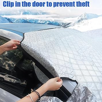 Car Windshield Cover & Sun Shade | Premium All-Season Ultimate Protection Against Ice, Snow, Frost, UV Rays, and Heat | Secure Anti-Theft Universal Fit (Large)
