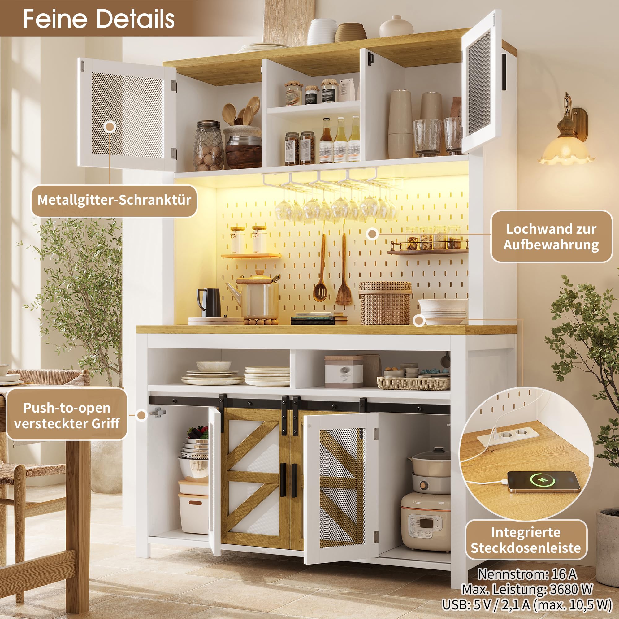 Küchenschrank mit LED-Beleuchtung und USB-Anschluss, Hochschrank mit Multifunktionaler Stauraum, Buffetschrank mit Metallgittertüren und Lochblech, Weiß-B, 120x40x174.5 cm