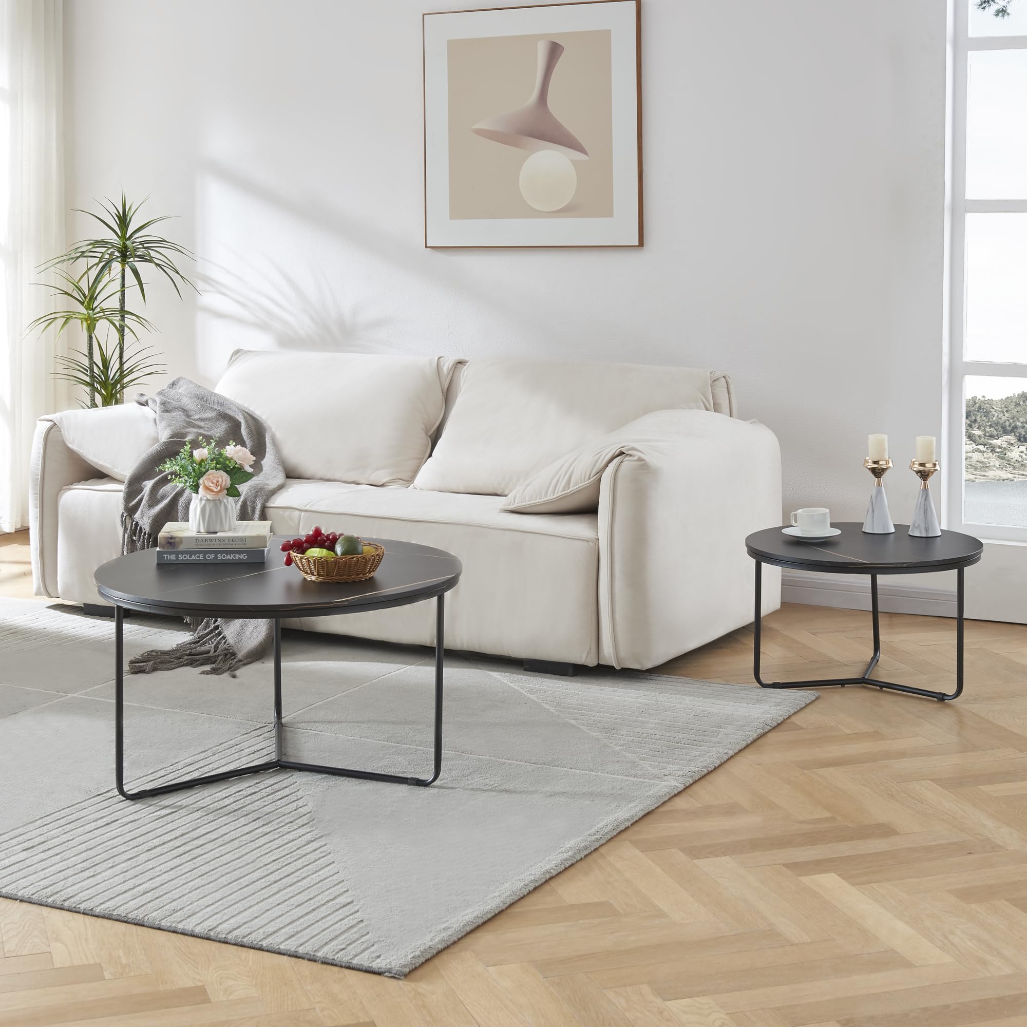 [en.casa] Set di 2 Tavolini Sovrapponibili Tavolini Bassi da Salotto Tavolini Moderni in Altezze Diverse Piano Tavolo Rotondo Effetto Marmo Nero