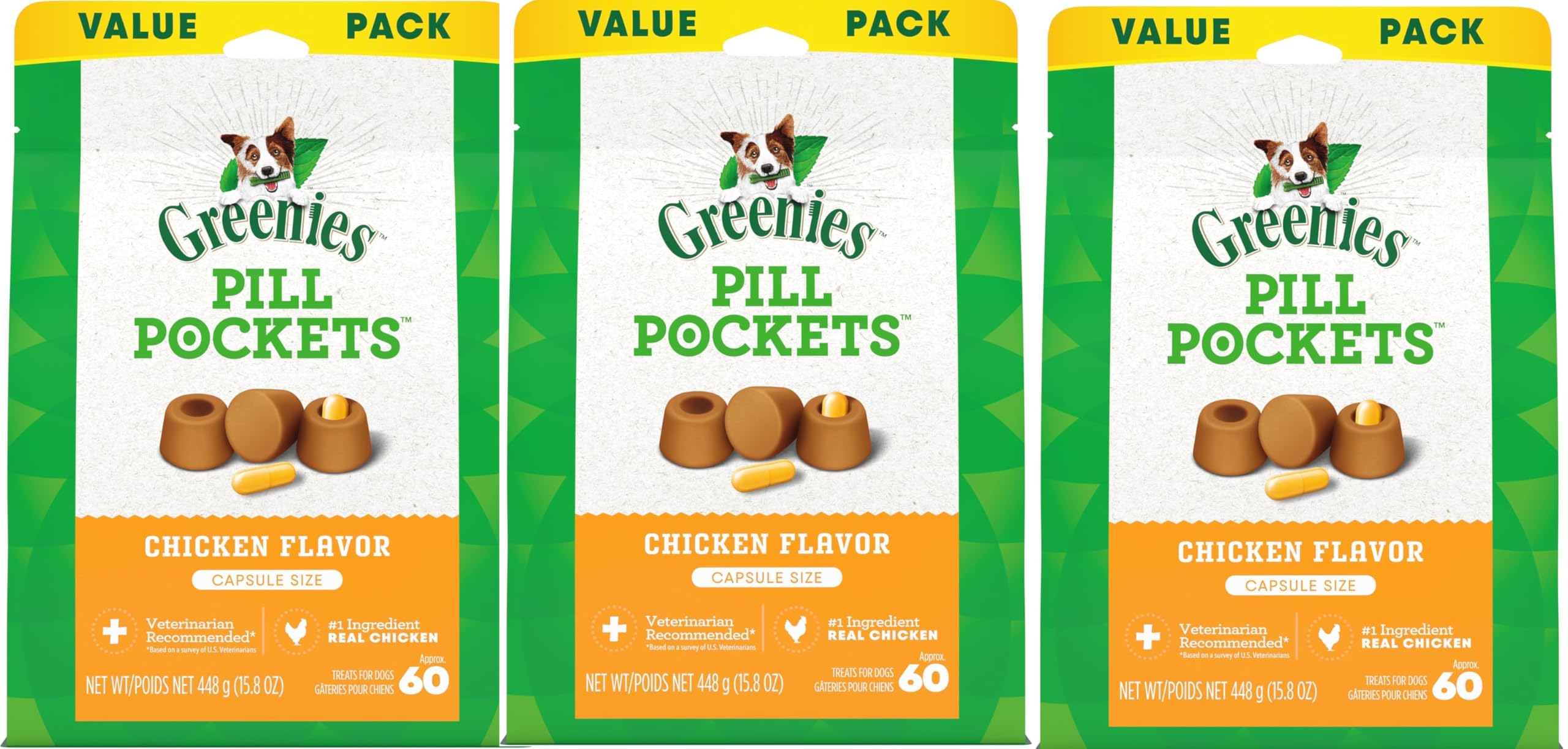 Greenies Pill Pockets Treats for Dogs Capsule Pouch, Chicken Flavor, 15.8-Ounce Per Pack (3 Pack)