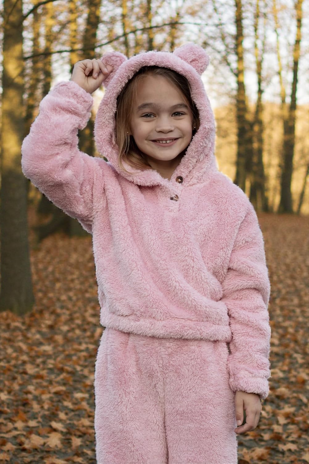 Arshiner Girls 2 Piece Outfits Sweatsuit Fuzzy Long Sleeve Bear Ear Hoodie Sweatshirt and Sweatpant Kids Clothing Sets