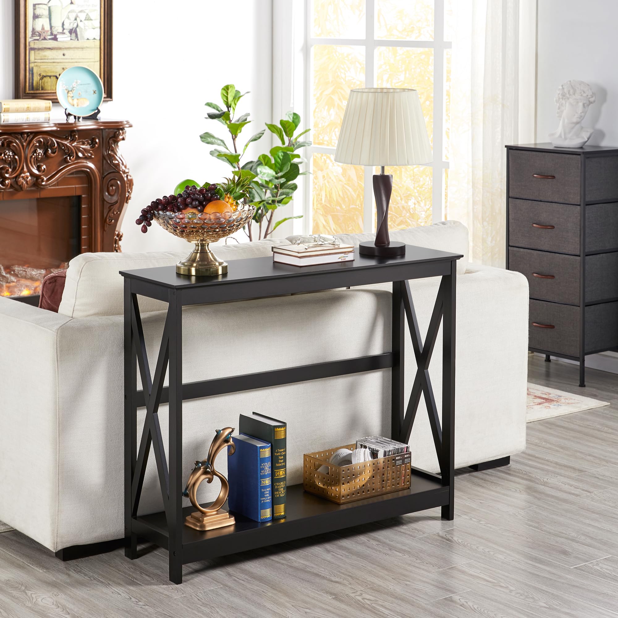 Yaheetech Table Console Table d'Entrée en Bois Meuble de Salon, Moderne, avec 2 Etagères de Rangement, Structure en X, pour Petits Espaces, Salon, Couloir, 102 x 30 x 81 cm, Noir