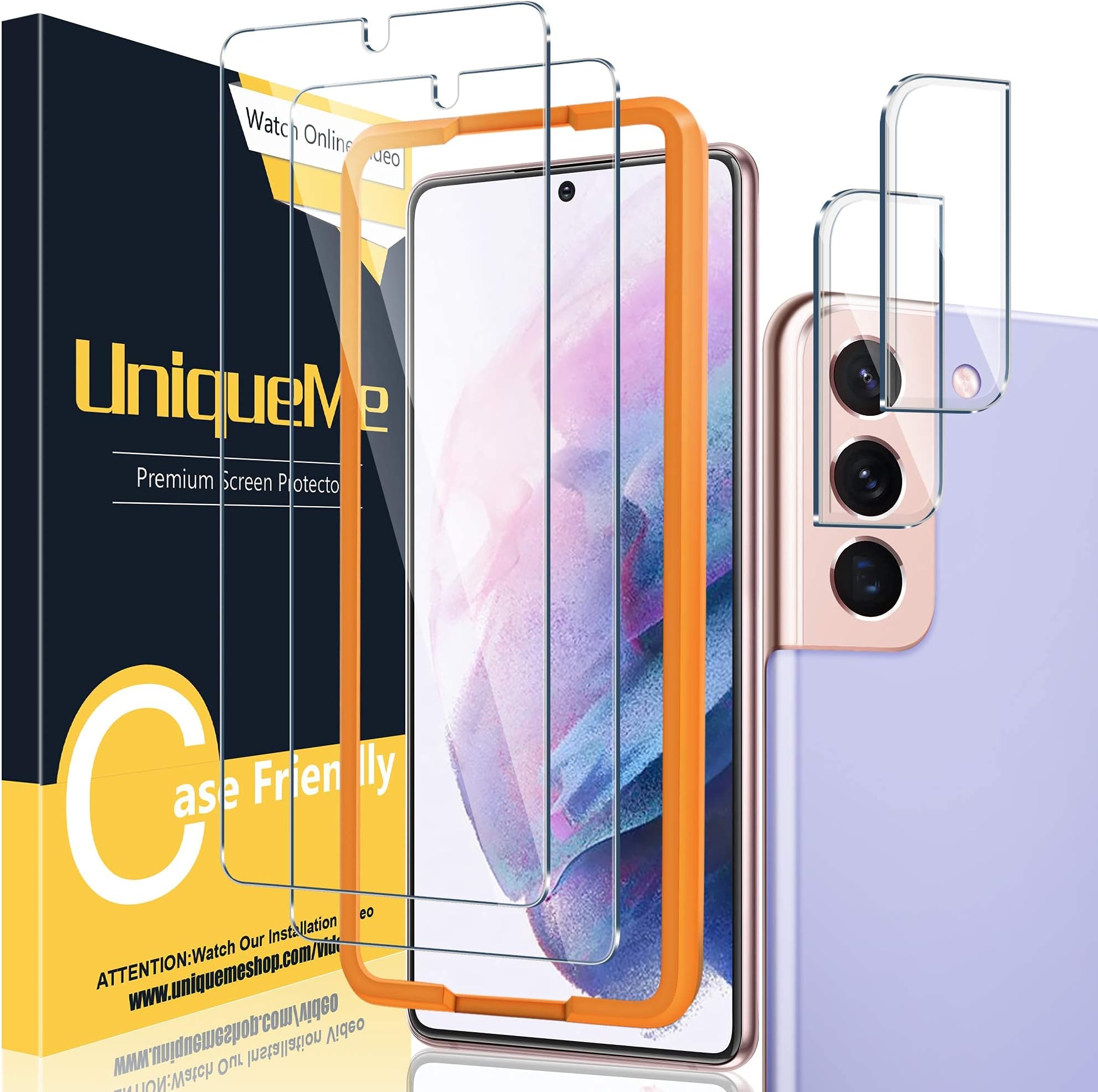 UniqueMe [2+3 Pack Compatible with Samsung Galaxy S21 5G - 6.2 inch Tempered Glass + Camera Lens Protector Screen Protector with Easy Installation Frame[9H Hardness][Not for Samsung S21 Plus]