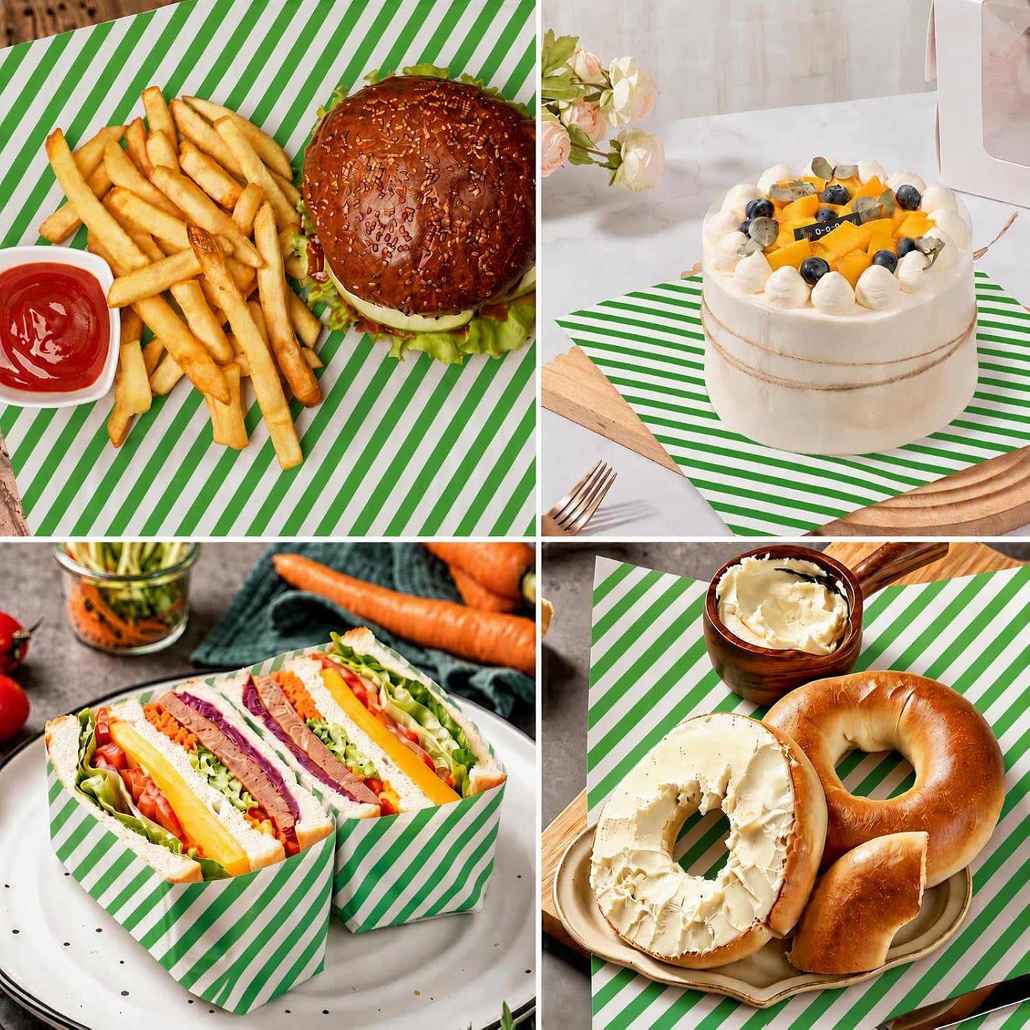 100Pcs Waxed Deli Paper Sheets 12 x 12 Inch, Stripes Food Basket Liners
