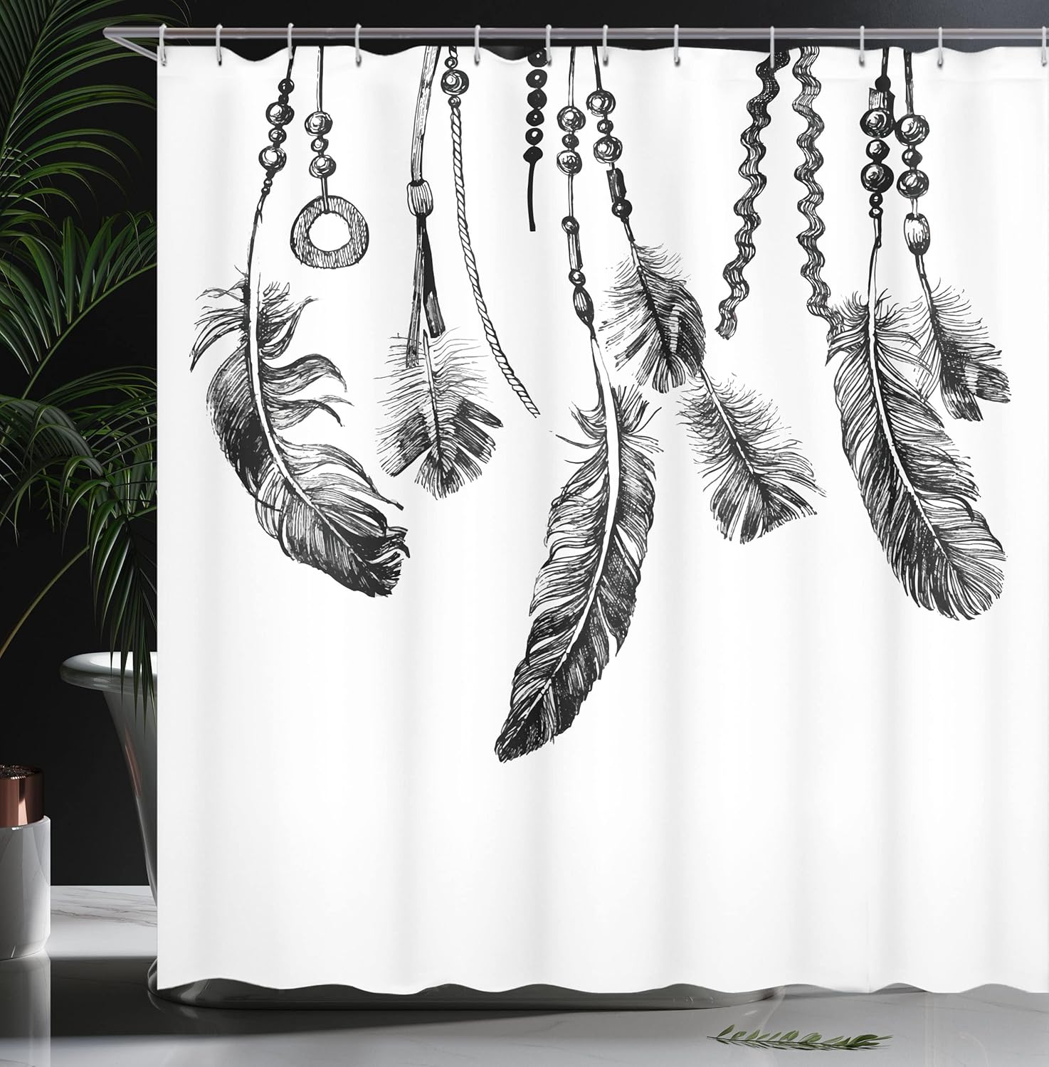 Ambesonne Tribal Shower Curtain, Tribal Feathers for Wisdom and Strength, Cloth Fabric Bathroom Decor Set with Hooks, 69" W x 75" L, Charcoal Grey