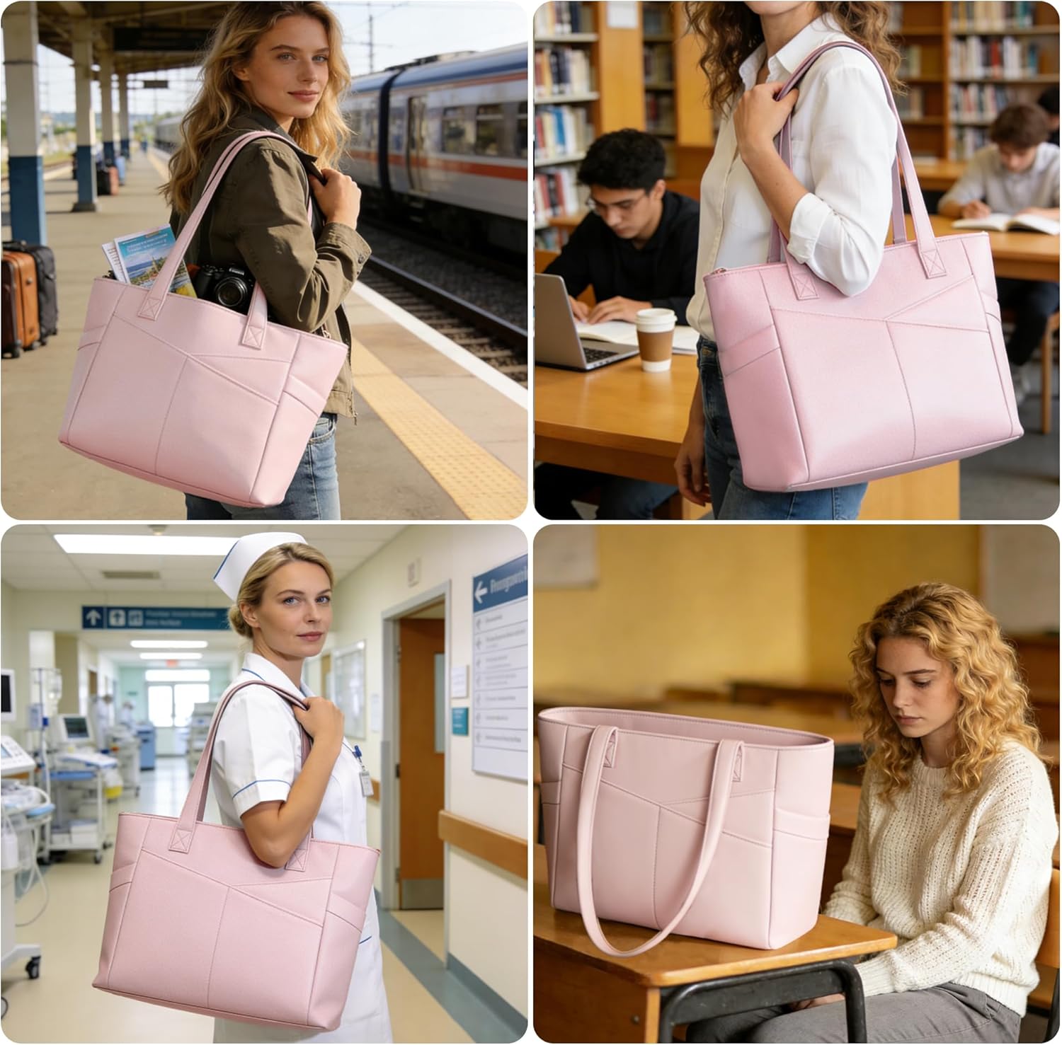 CTWWFS Large Tote Bag for Women with Zipper, Nylon Lightweight Work Tote with 15.6" Laptop Sleeve, Nurse Bag for Work College | Multi-Pockets, Machion Washable, Tear Resistant