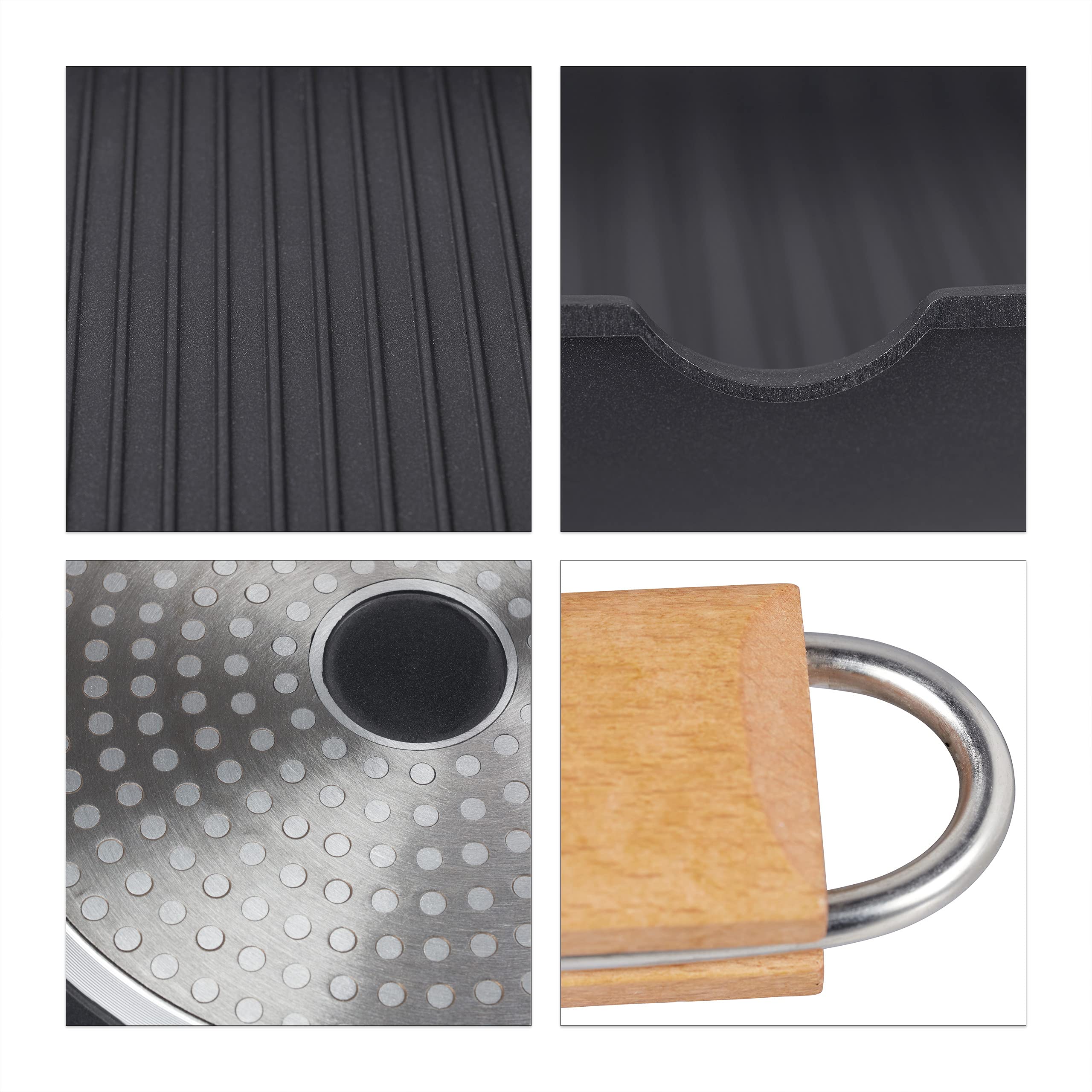 Relaxdays Bistecchiera Antiaderente da 28 cm, per Fornello a Induzione, Manico Pieghevole, Padella in Alluminio, Nero