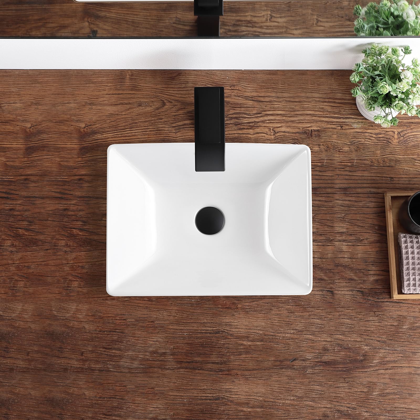 Fregadero de baño de 16.7 x 12.6 pulgadas, semi empotrado, fregaderos de baño rectangulares con desbordamiento de cerámica blanca para baño, fregadero moderno sobre mostrador 9