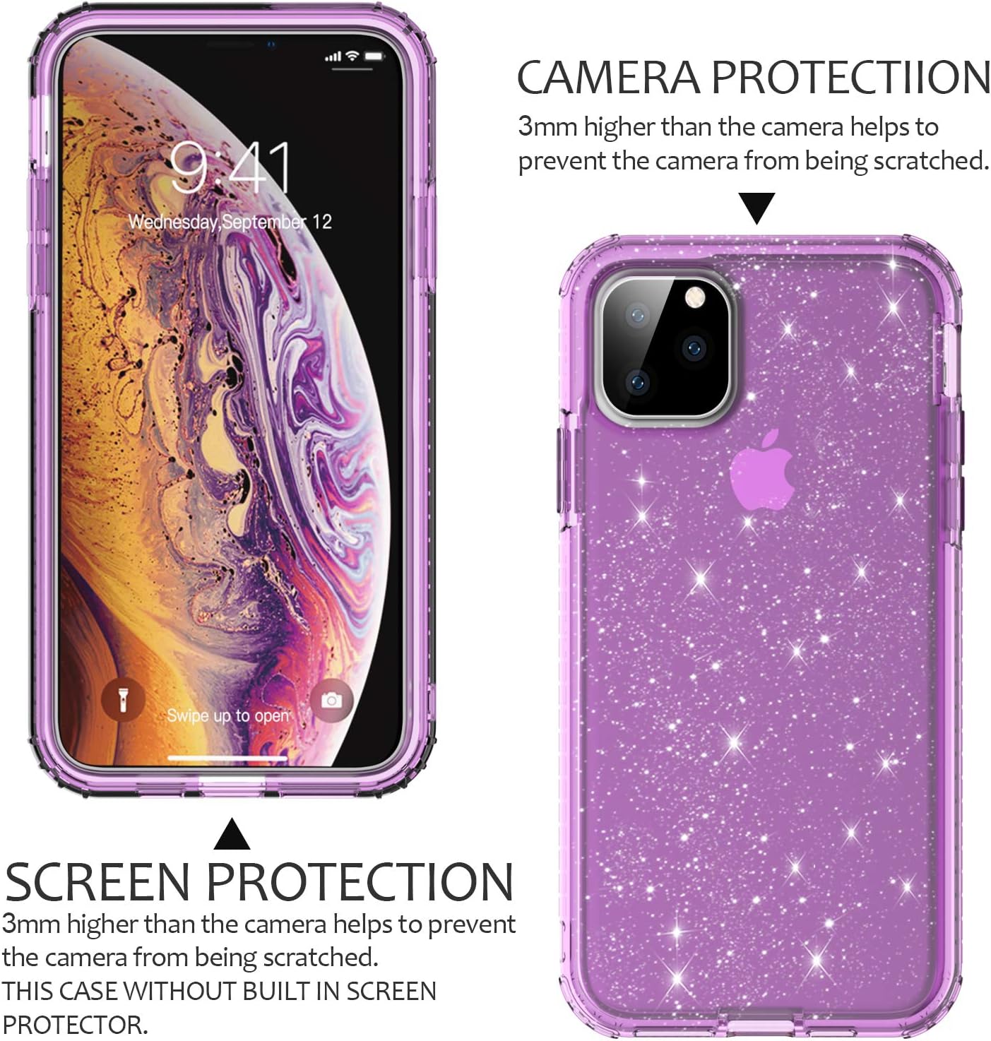 Hekodonk Compatible iPhone 11 Pro Case Built in Screen Protector Dual Layer Hard PC TPU Bumper Full Body Protective Shockproof Flexible Anti-Scratch Cover for Apple iPhone 11 Pro Bling Clear Purple