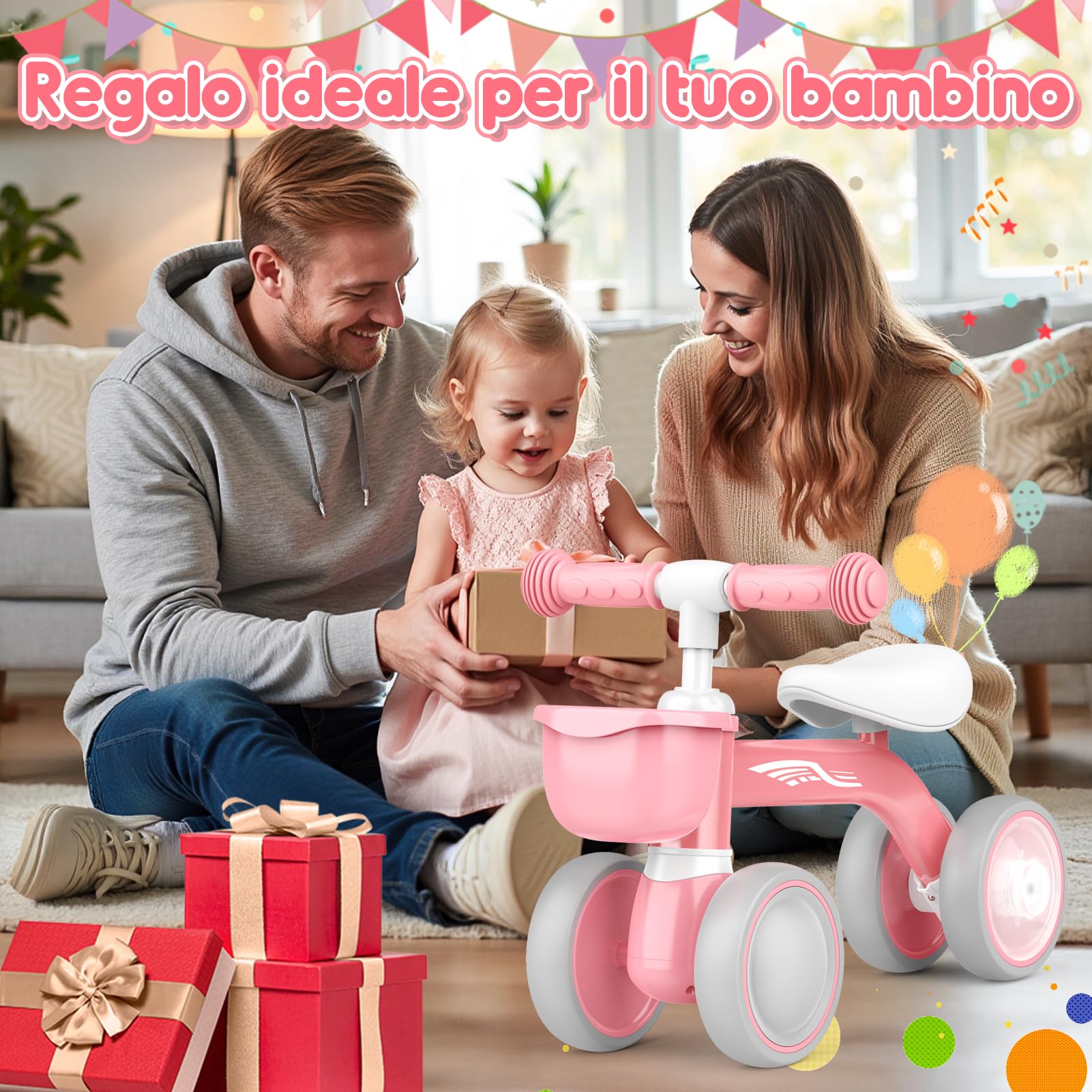 HappyGoLucky Bicicletta Bambini 12-24 Mesi con Cestino, Ruote Colorate, Ultra Leggero, Bicicletta Senza Pedali Giochi Bambina 1 2 Anni, Balance Bike Regalo Bambino 1 Anno, Primo Regalo di Compleanno