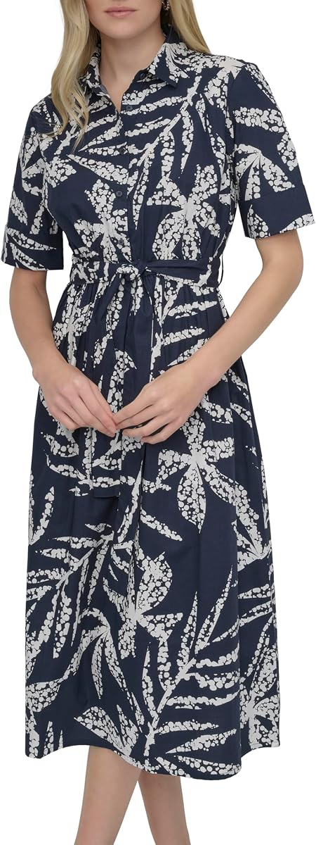 Women's Short Sleeve Cotton Poplin Collared Midi Shirtdress