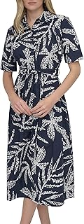 DKNY Womens Short Sleeve Cotton Poplin Collared Midi Shirtdress