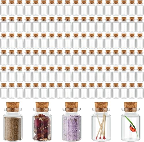 Gerrii 100 mini botellas de vidrio de 0.7 fl oz con tapones de corcho de madera, mini frascos de vidrio de poción pequeñas botellas transparentes de