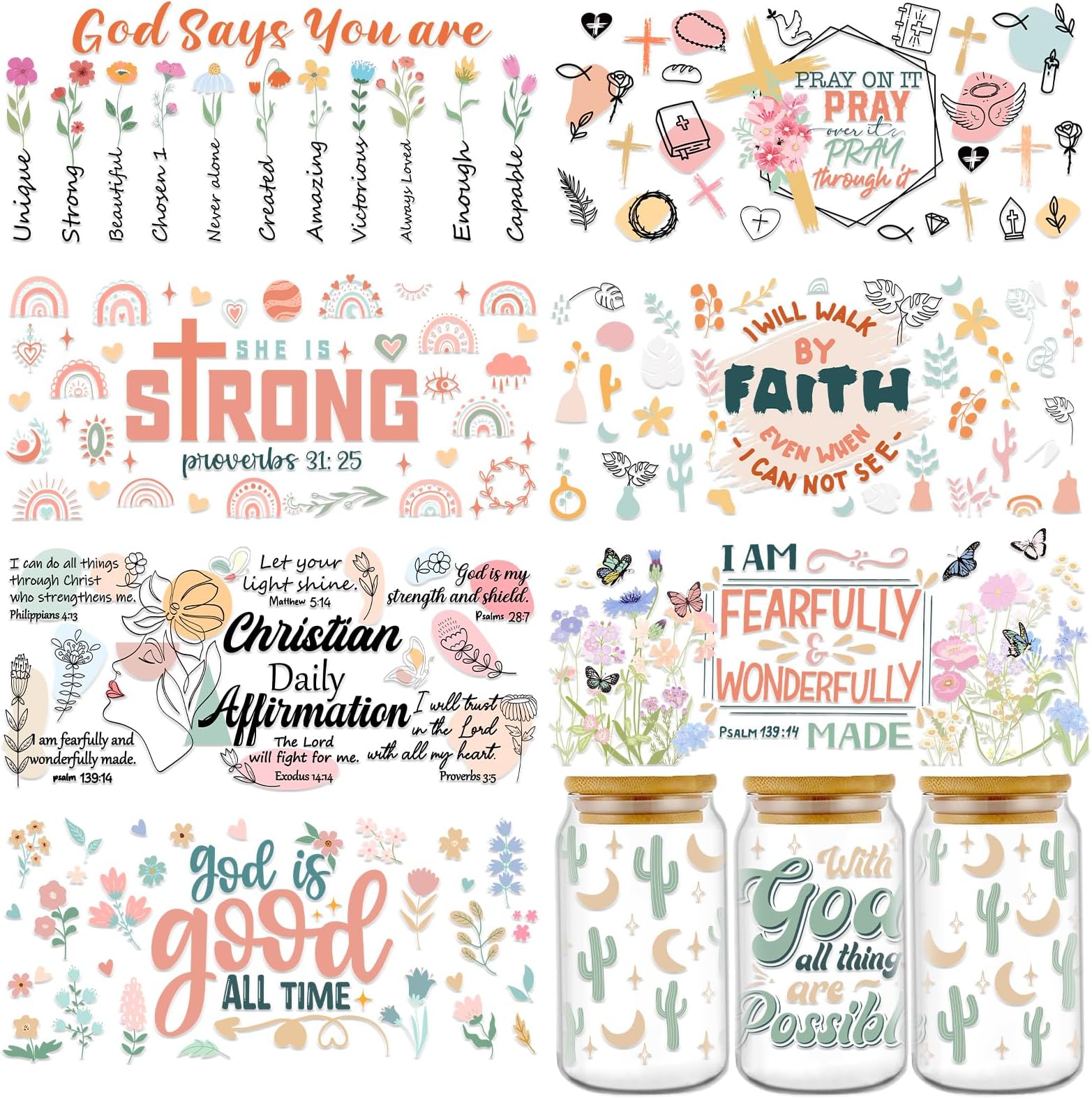 Rngmsi UV DTF Cup Wraps for 16 oz - 8 Sheets Bible Verse UV DTF Cup Wrap Stickers Christian Affirmation Inspirational Uvdtf Decals Butterfly Flower Rainbow Rub on Transfer Wraps for Glass Wood Crafts