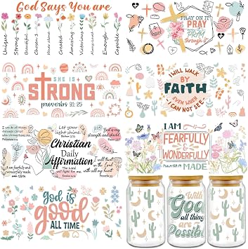 Rngmsi UV DTF Cup Wraps for 16 oz - 8 Sheets Bible Verse UV DTF Cup Wrap Stickers Christian Affirmation Inspirational Uvdtf Decals Butterfly Flower Rainbow Rub on Transfer Wraps for Glass Wood Crafts