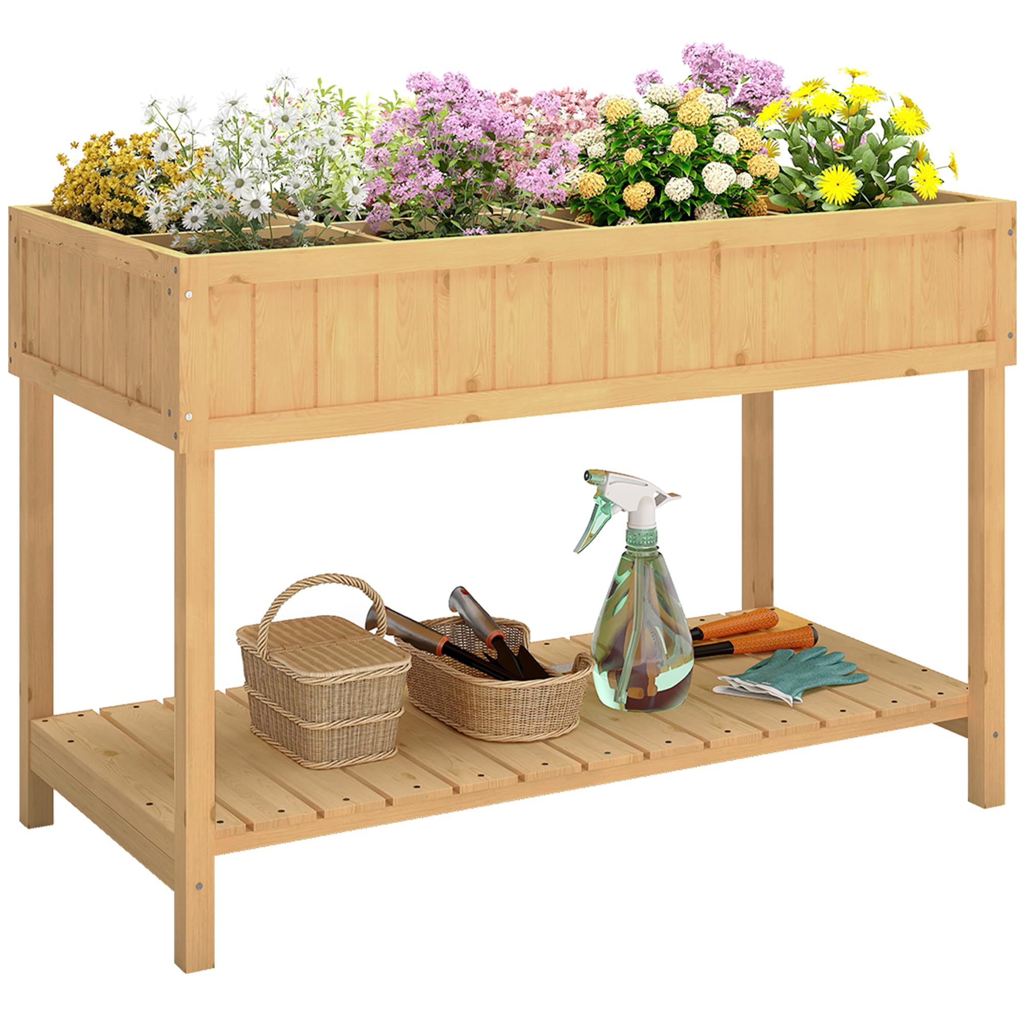 Outsunny Hochbeet mit Regal, erhöhtes Kräuterbeet mit Ablauflöcher, 8 Fächer, Pflanzkasten aus Holz, wetterbeständig Pflanzbeet Gemüsebeet für Garten, Balkon, 110 x 46 x 76 cm Naturholz