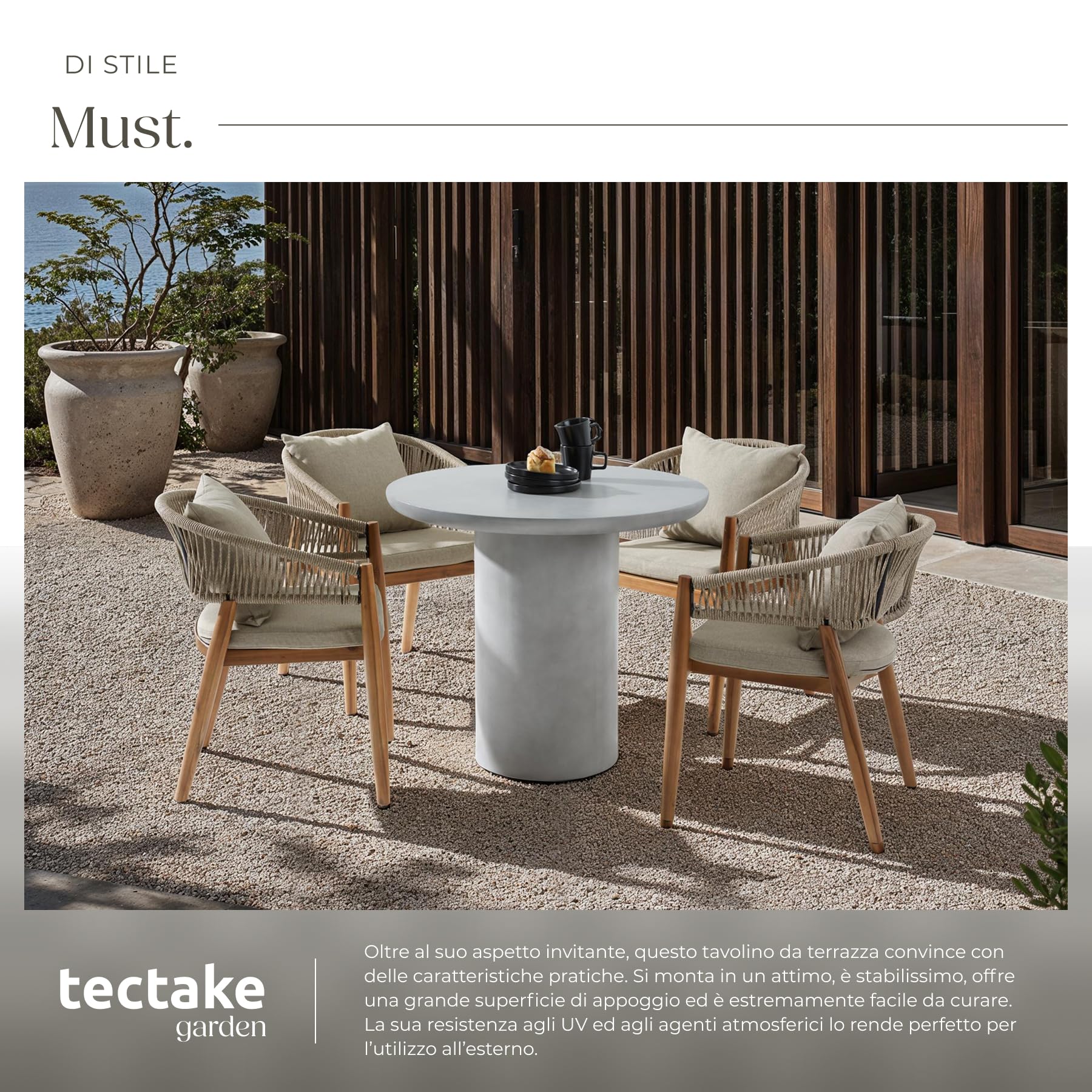 tectake® Tavolo da Giardino Rotondo in Ossido di Magnesio, Resistente Intemperie, Protezione Antiscivolo, Massima Stabilità, Tavolino Salotto, Tavolino da Balcone - Grigio Calcestruzzo - 86,5x75,5 cm