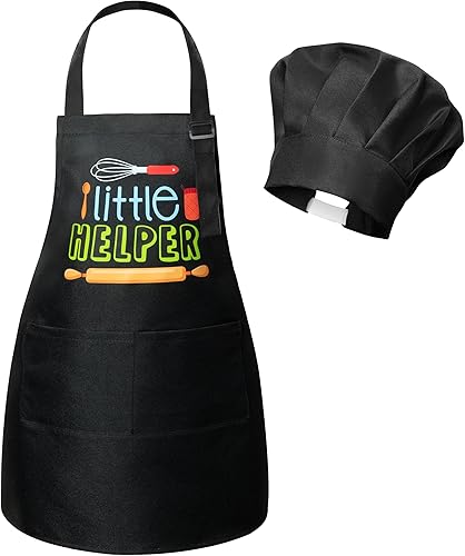 R HORSE Juego de 2 delantales para niños y sombrero de chef, delantal de cocina ajustable, negro, juego de rol, juguete de chef, cocina, hornear,