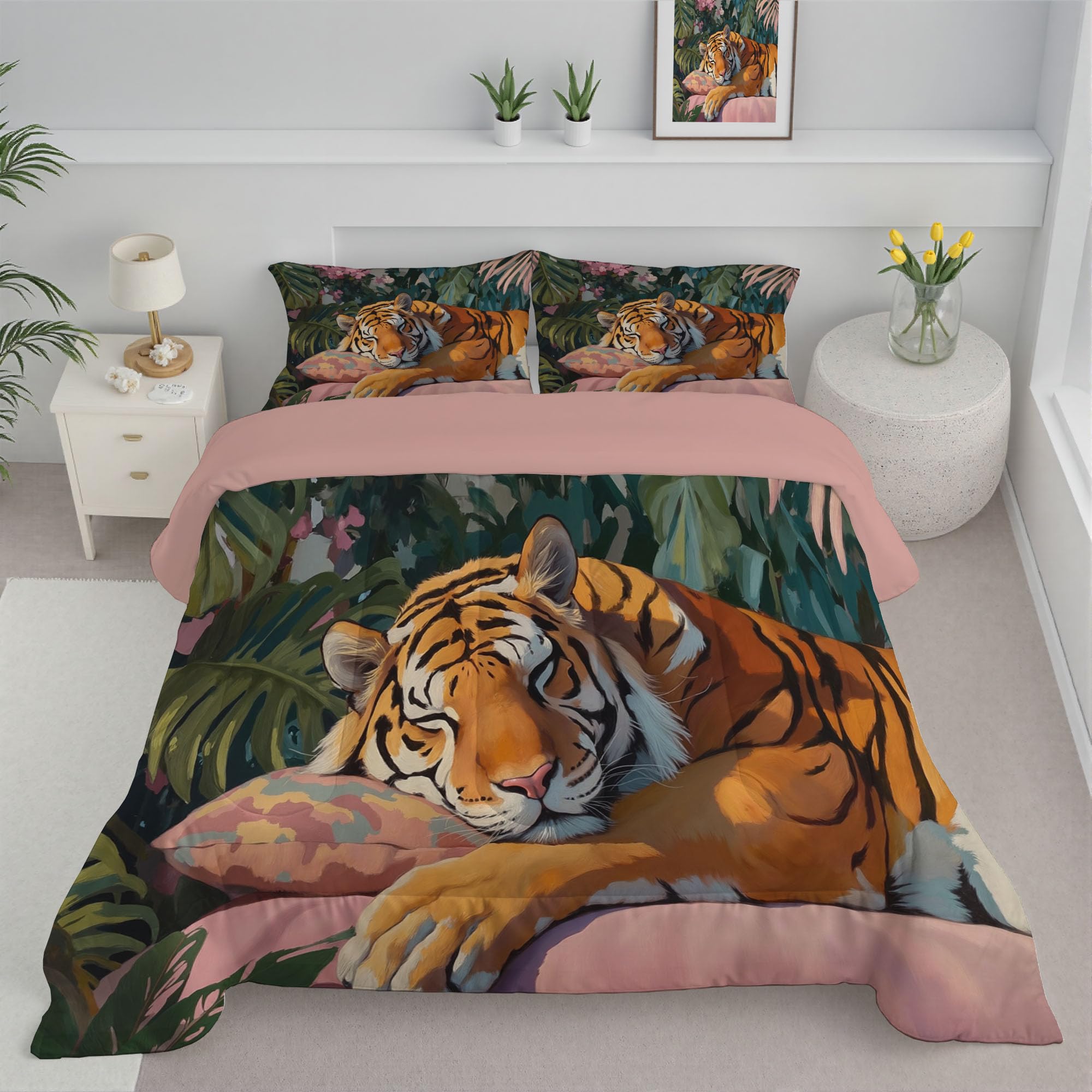 Trapunta Letto Matrimoniale 4 Stagioni Piumone per Bambini, Tigre Addormentata Leggero Acquerello Tropicale Giungla Set di Biancheria da Letto 200x200cm con 2 Federe,Piumino Lavabile In Lavatrice