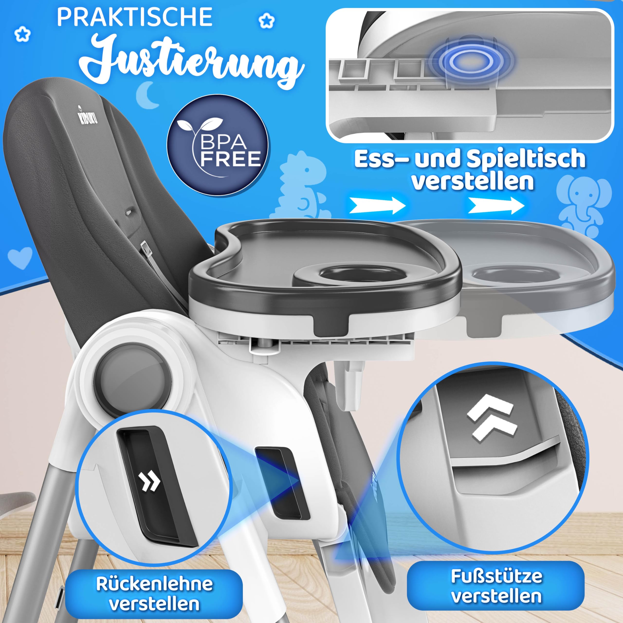 KIDUKU® Hochstuhl Baby 3in1 mit Neugeborenenaufsatz + Lätzchen, Aktivitätsbogen & Tisch | Kinderhochstuhl klappbar mit Liegefunktion | Kombihochstuhl höhenverstellbar | mitwachsend 0-36 Monate
