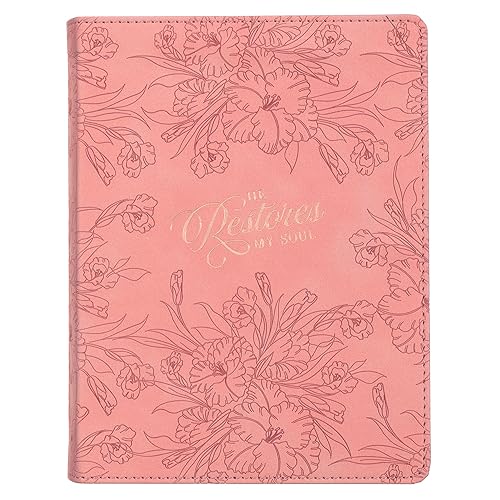 Christian Art Gifts Inspirational Handy-sized Journal, He Restores My Soul Wide Ruled Notebook, Psalm 23:3 Bible Verse, Pink Vegan Leather Floral, 240 Lined Pages w/scripture, (7.2” x 5.4” x .75”)