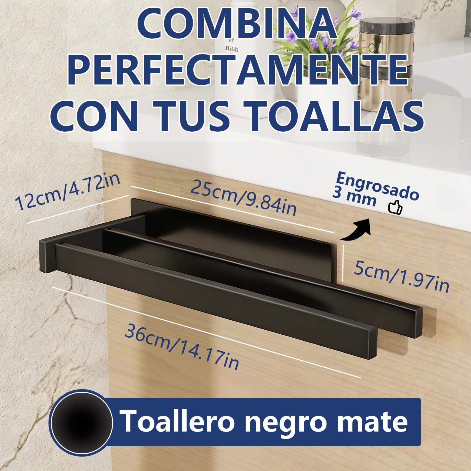 Feligio Toalleros de Baño Sin Taladro Negro 36 cm - Toallero Adhesivo Baño Acero Inoxidable Doble Barra - Fácil Instalación para Cocina y Baño
