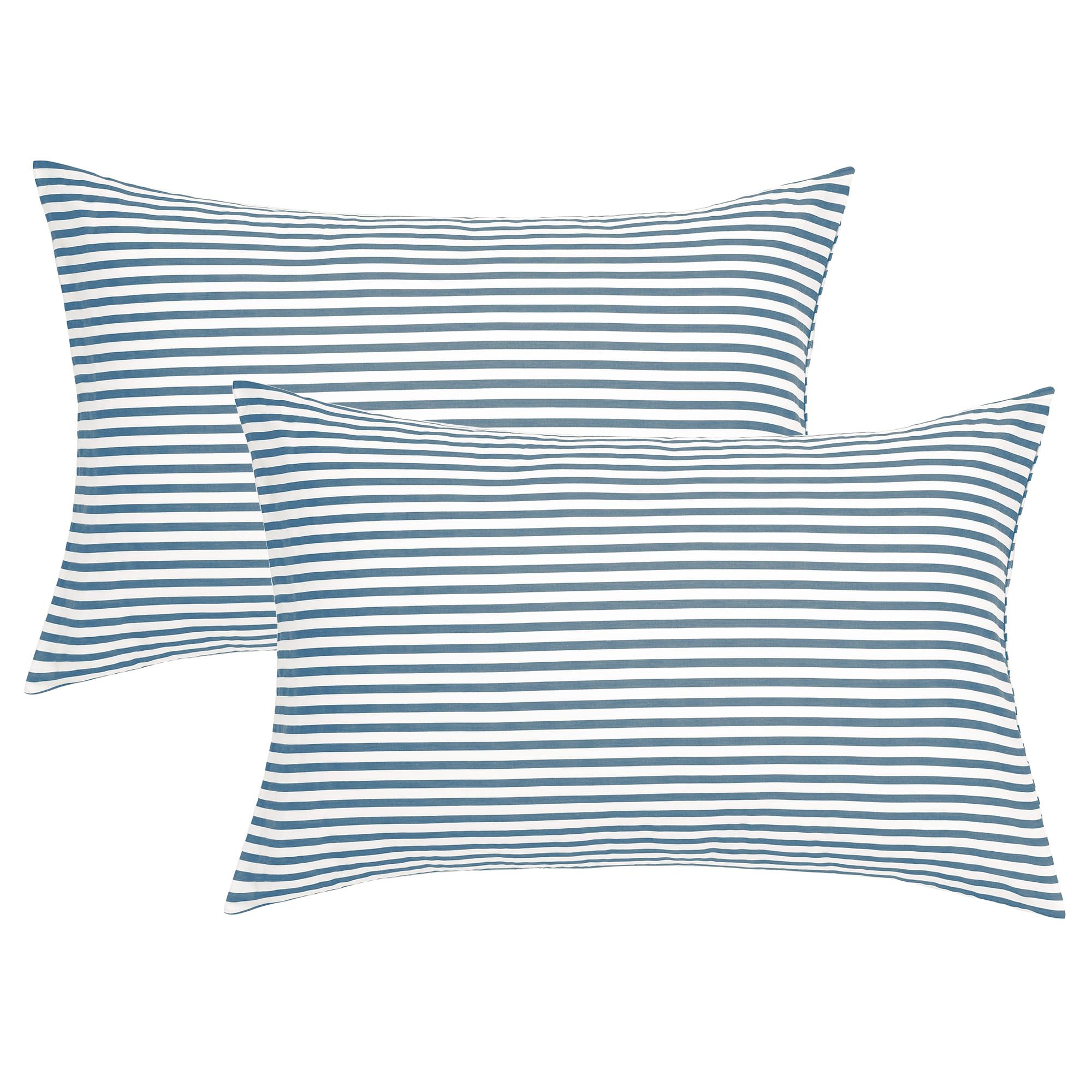 JELLYMONI Juego de 2 fundas de almohada de algodón 100% natural, diseño de rayas blancas y azules grisáceas, con cierre de sobre (almohadas no incluidas)