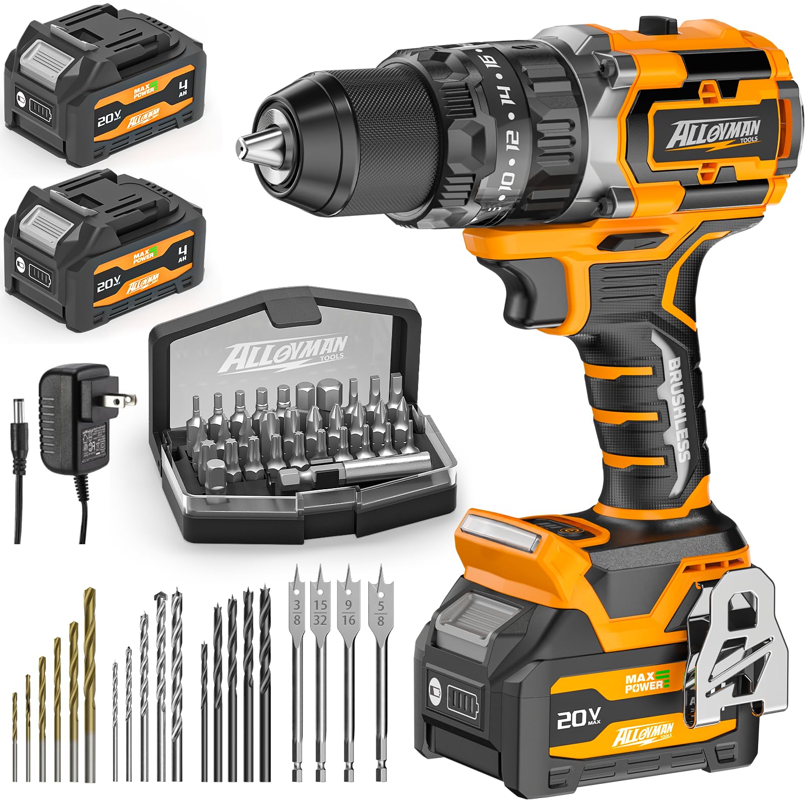 Alloyman 20V MAX Cordless Hammer Drill, Max 620 In-lbs, 31500BPM, Brushless Motor, 1/2" Keyless Metal Chuck, 20+3 Torque Settings, Impact Drill Kit for Drilling Brick Wall, Metal