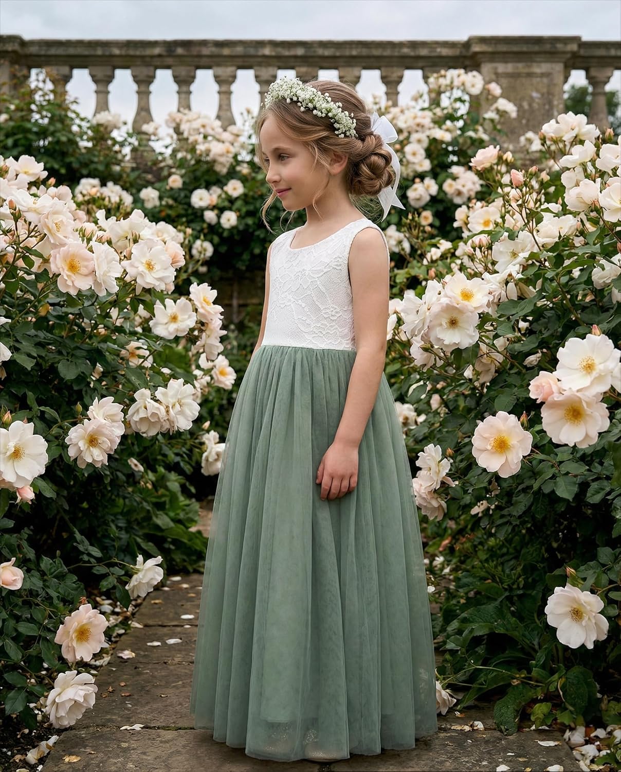 2Bunnies Girls Rose Lace Back A-Line Tutu Tulle Party Flower Girl Dress