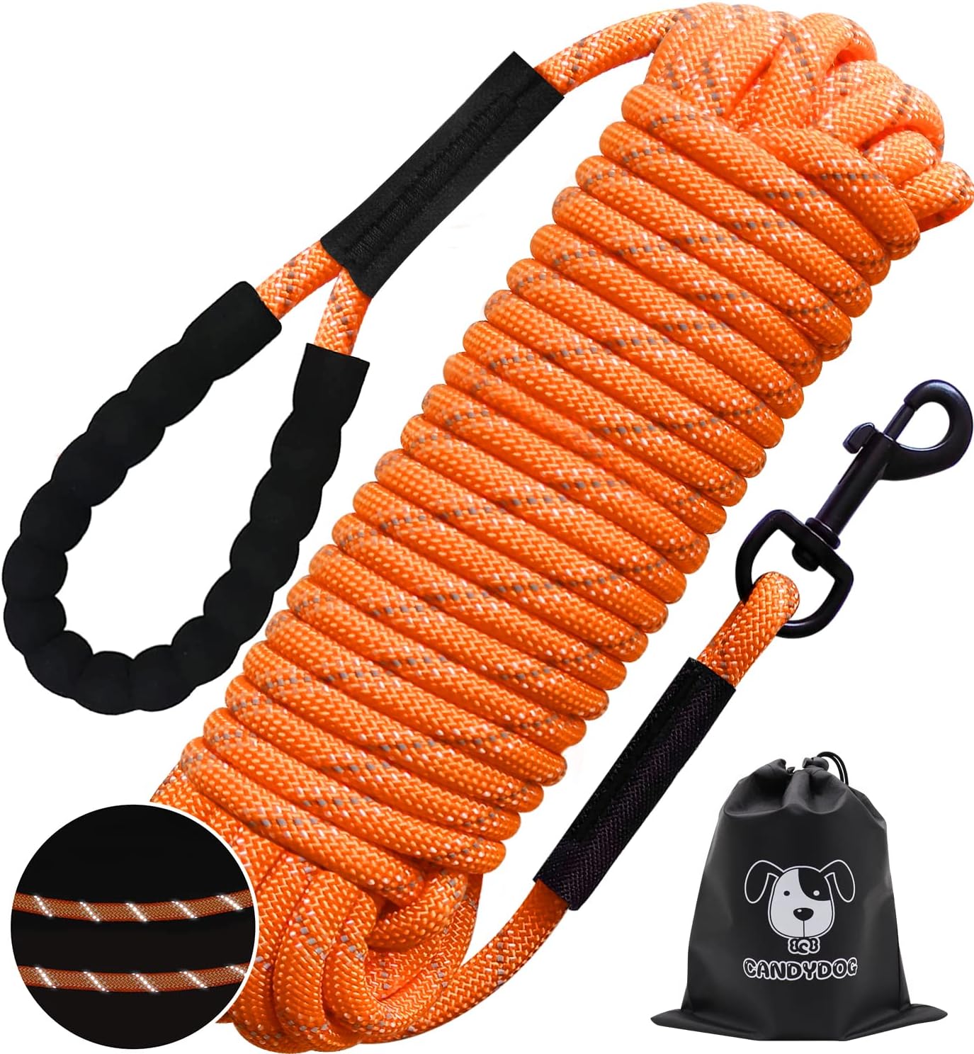 CANDYDOG Training Lead 5m, Reflective Long Dog Rope Leash with Soft Padded Handle, Suitable for Small to Large Dogs, Orange - Classic Leashes and Training Leashes