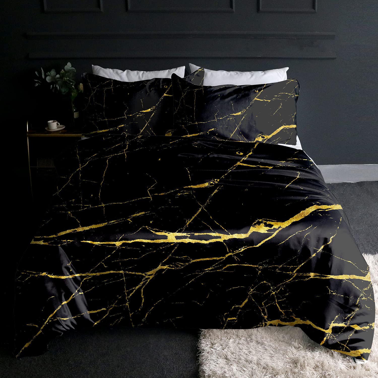 BlessLiving Duvet Cover Set, Marble Black Gold, Single 3-Piece