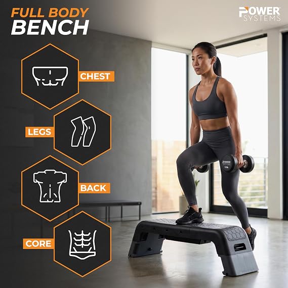 Power Systems Step Bench & Weight Bench | Aerobic Platform & Plyo Box for Cardio, Strength | Commercial Grade Full Body Home Gym Stepper | Adjustable Multifunctional Deck & Resistance Band Clips