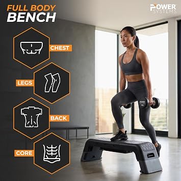 Power Systems Step Bench & Weight Bench | Aerobic Platform & Plyo Box for Cardio, Strength | Commercial Grade Full Body Home Gym Stepper | Adjustable Multifunctional Deck & Resistance Band Clips