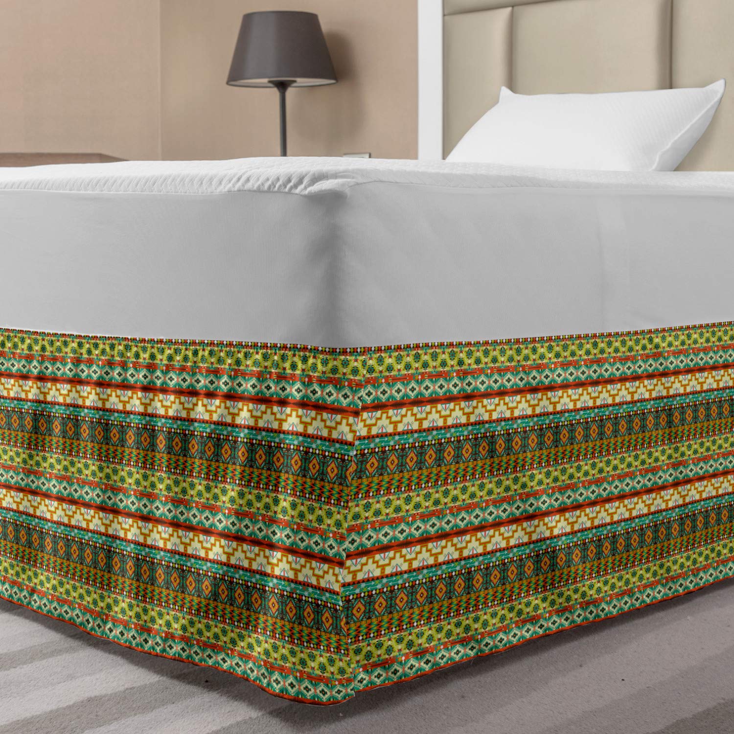 Lunarable Aztec Elastic Bed Skirt Rich Colorful Pattern with Borders Vintage Native Culture Artwork Wrap Around Fabric Bedskirt
