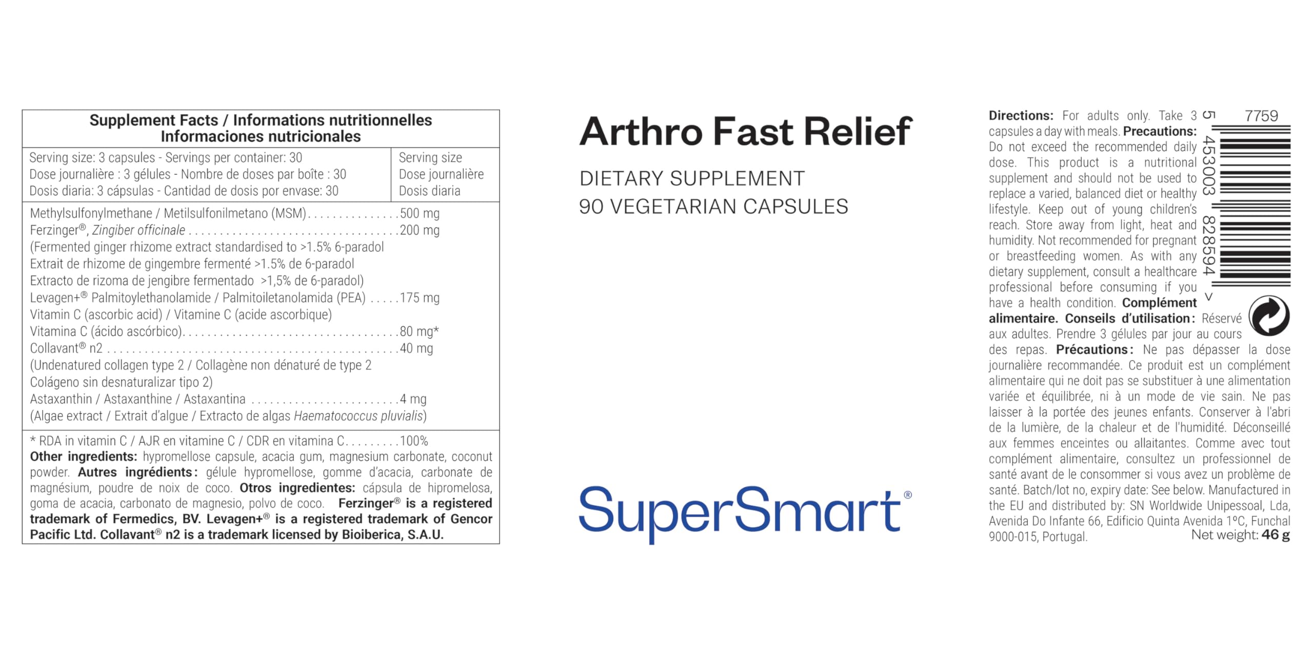 Arthro Fast Relief - Complément Alimentaire Articulations - Collagène Type 2 et PEA Validés Cliniquement, MSM, Astaxanthine, etc. - Douleurs Articulaires, Mobilité, Cartilage - 90 Gélules - SuperSmart