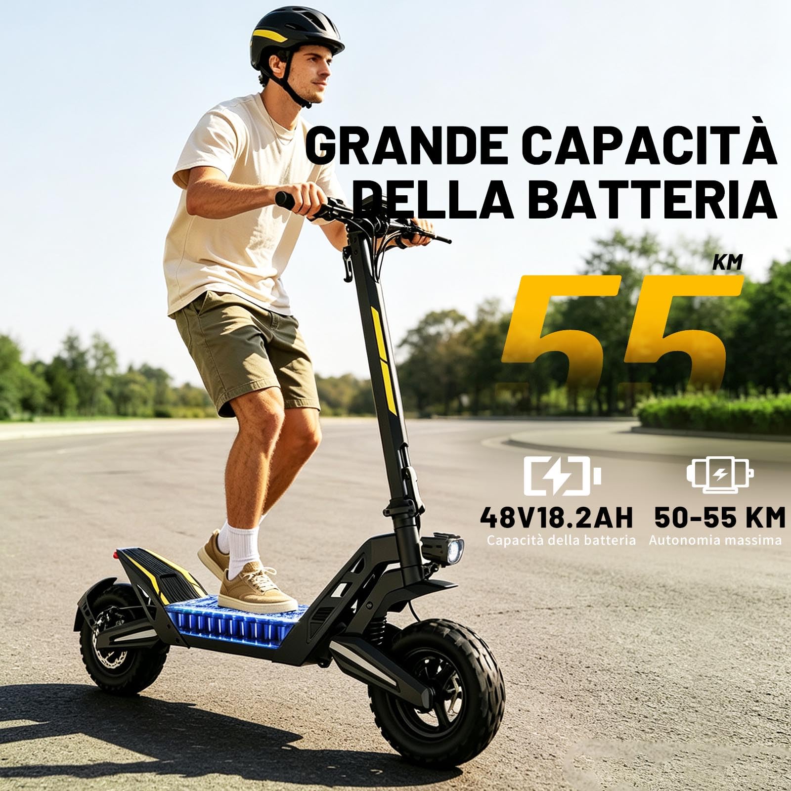 J2max Monopattino Elettrico Adulto,Autonomia di 50-55KM,48v 18.2Ah Batteria,11 Pollici Scooter Elettrico Pieghevole Doppio Freno a Disco e Ammortizzatori,3 Modalità di Velocità,Carico120KG