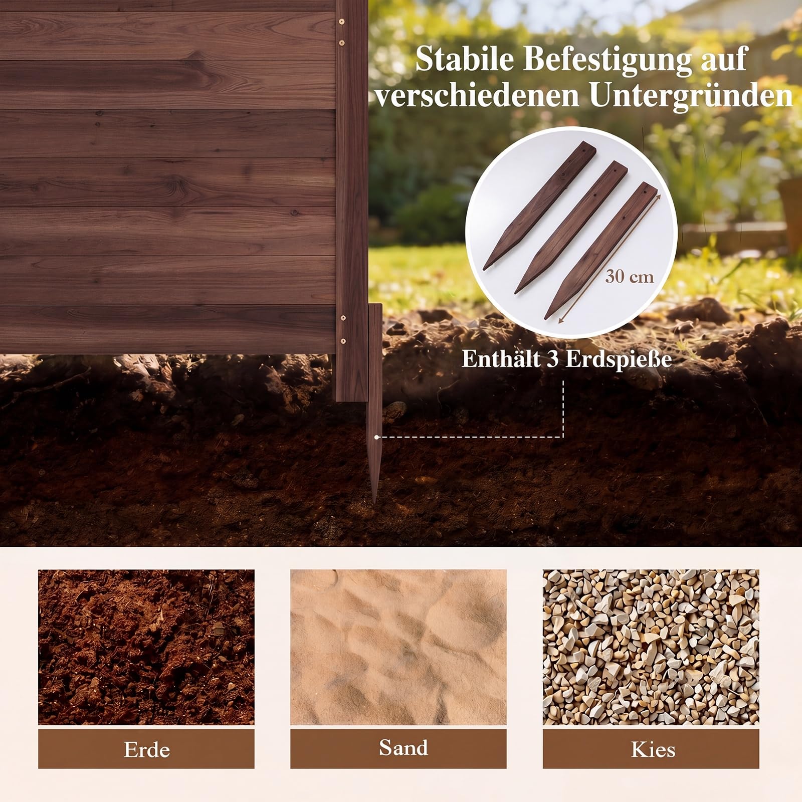 COSTWAY Gartenzaun 2-teilig, 119 x 119 cm, Tannenholz, Zaun mit 3 Pfosten, dekorativer Sichtschutzzaun, Holzzaun für Klimaanlagen Mülltonnen, freistehender Steckzaun für Garten Outdoor (Braun)