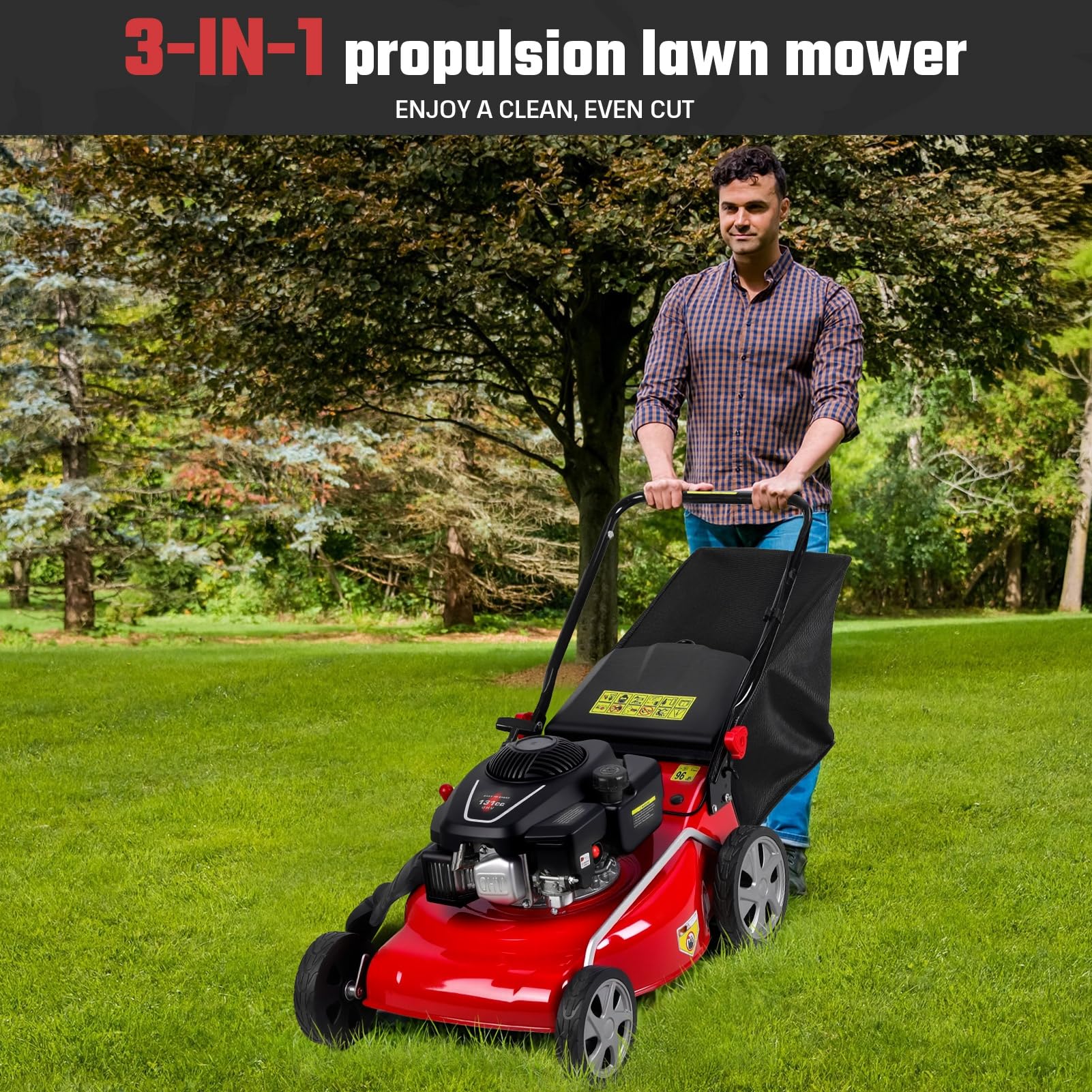 Cortacésped de gas autopropulsado plegable con motor de 4 tiempos de 131 cc, 3 en 1 (bolsa/mantillo/descarga trasera), 8 alturas de corte, cubierta de acero duradero, sistema de refrigeración