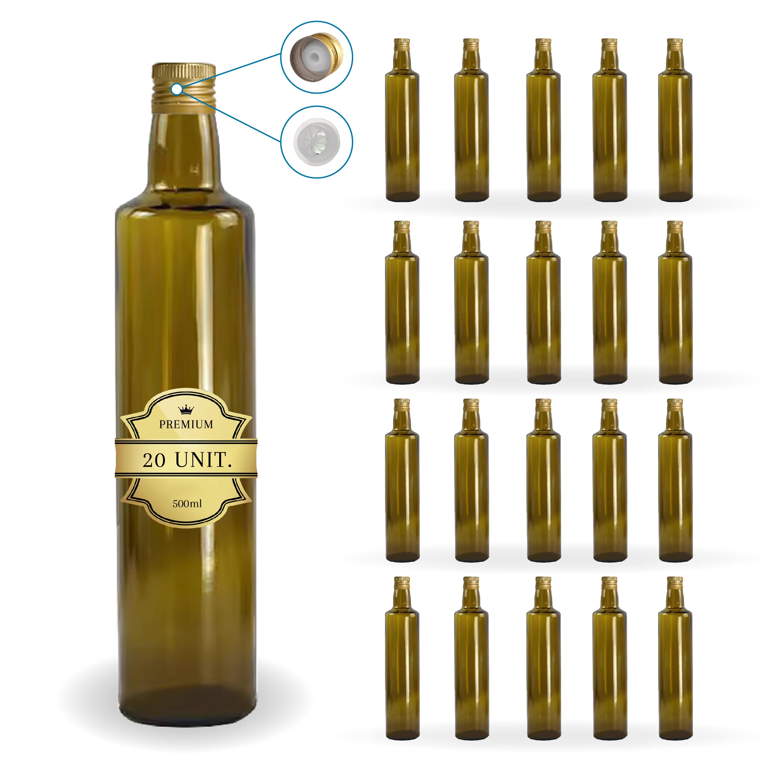20 Botellas de Cristal Oscuro 500 ml con Tapón de Rosca Dorado y Boquilla Vertedora – Aceitera para Aceite de Oliva, Vinagre y Salsas | Espirito Rebelde