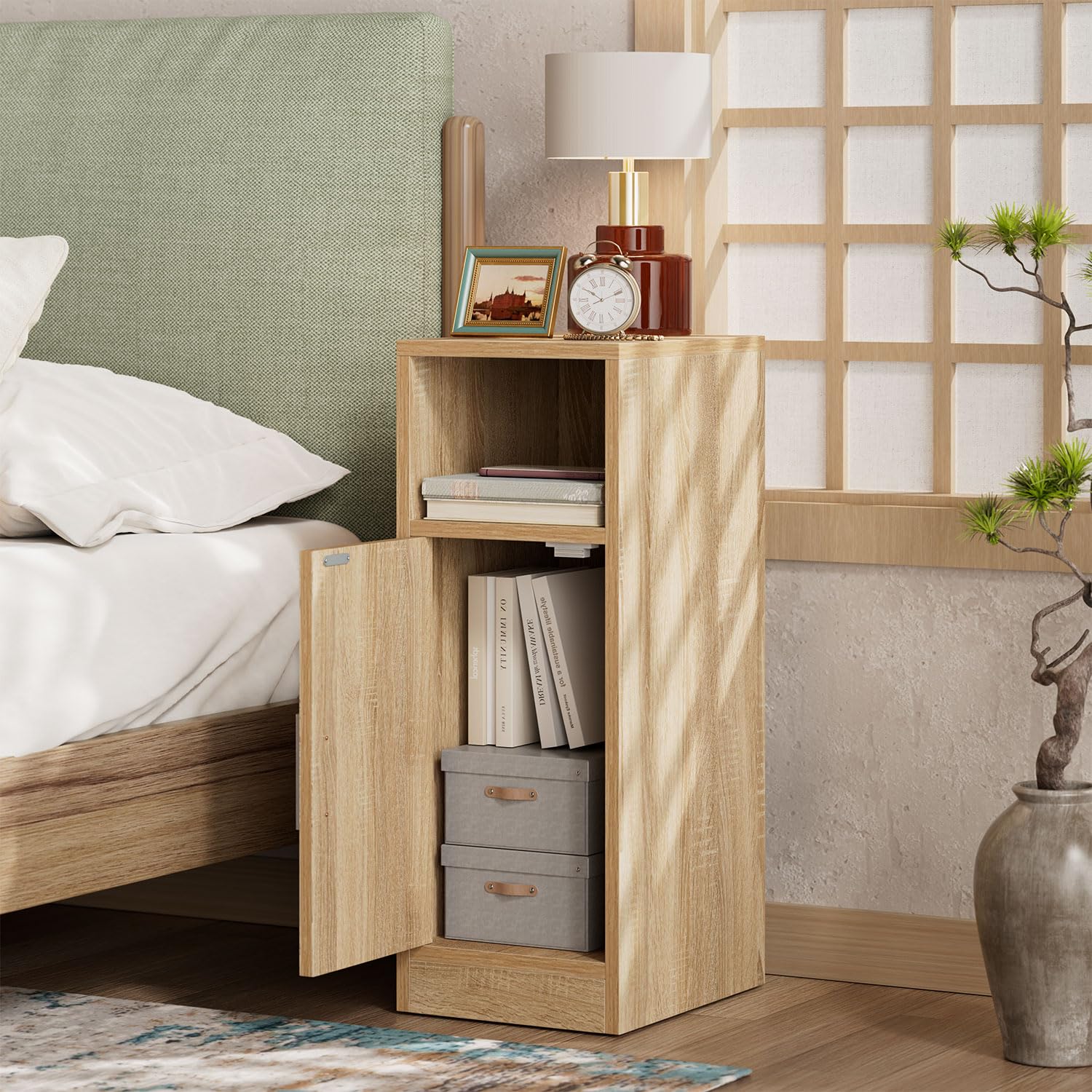 IBUYKE Ensemble de 2 Tables de Chevet Fines, Table de Nuit en rotin avec Compartiments Ouverts et Placard pour Petits espaces, Petite Table d'appoint étroite pour Chambre à Coucher et Salon, Naturel