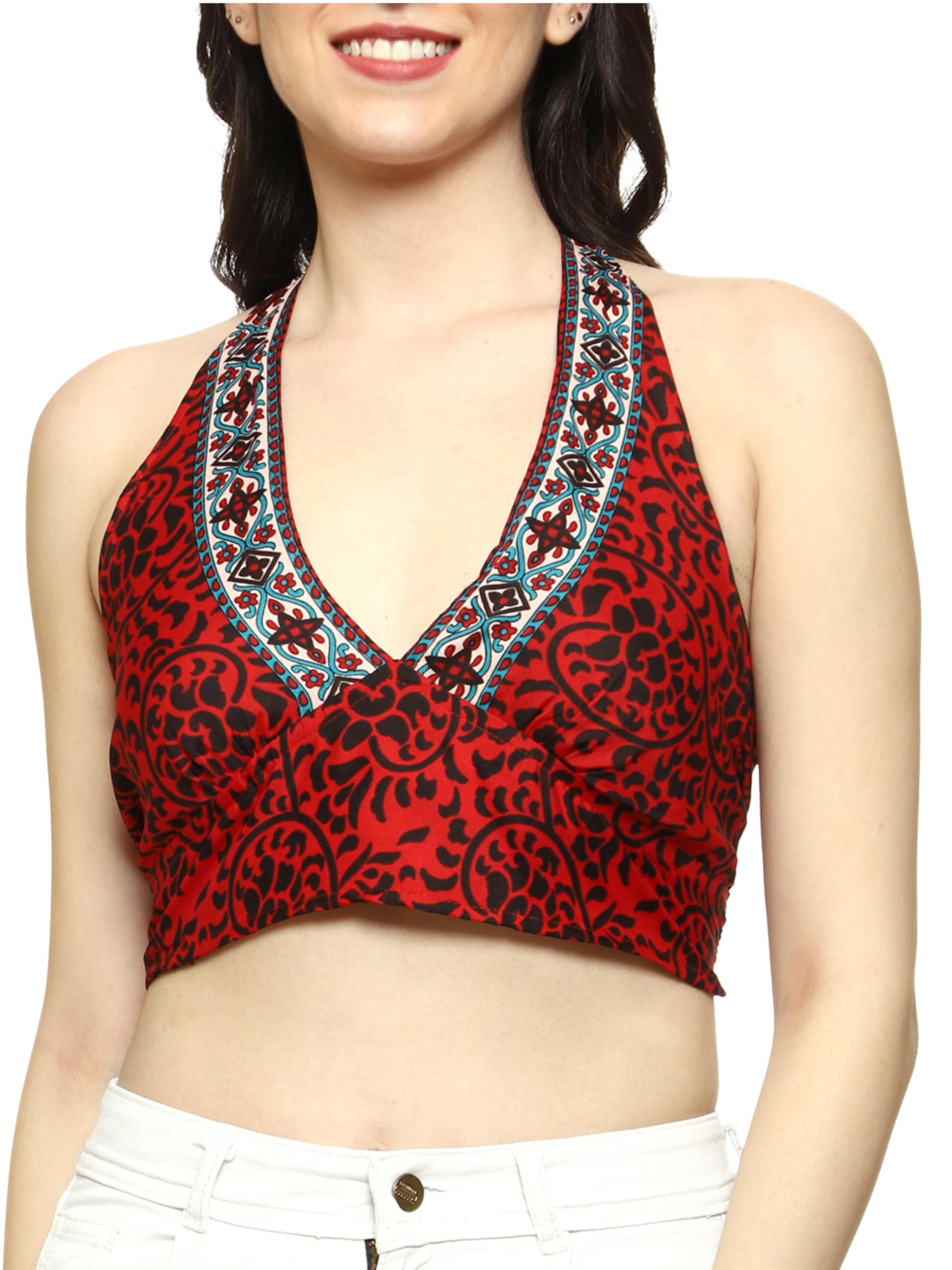 - KE KANHA EXPORTS Halter Neck Wrap Top|top for Women|Backless Tops for Women|Halter Neck Tops|Adjustable wrap Waist|Boho Beach Border Print|Easily fits S-M|Bust30-36Inch|LengthUpTo 18Inch