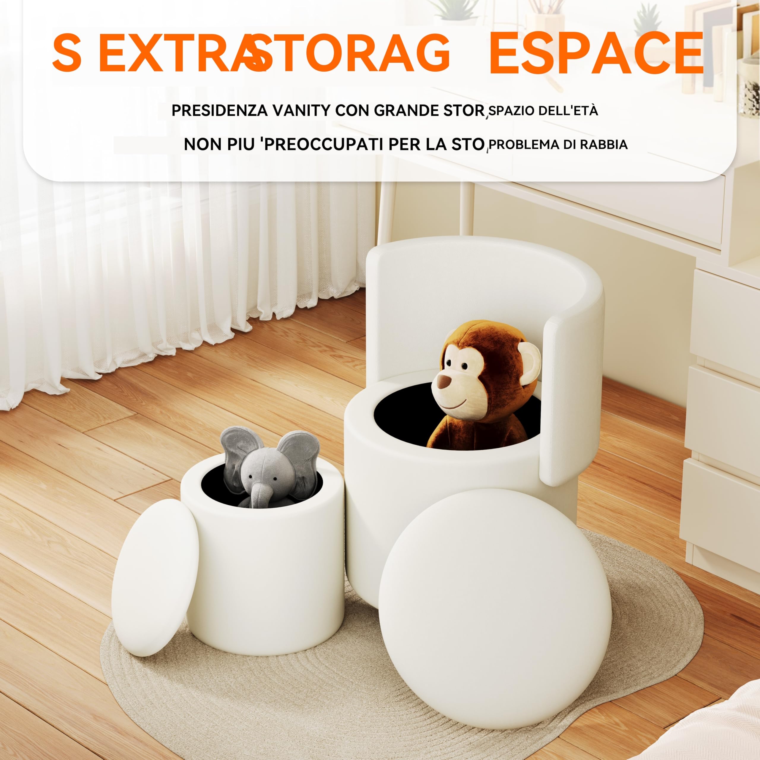 Sgabello da trucco rotondo con contenitore, girevole in pelle PU e schienale ribaltabile. Puffo imbottito con rotelle per camera da letto e soggiorno